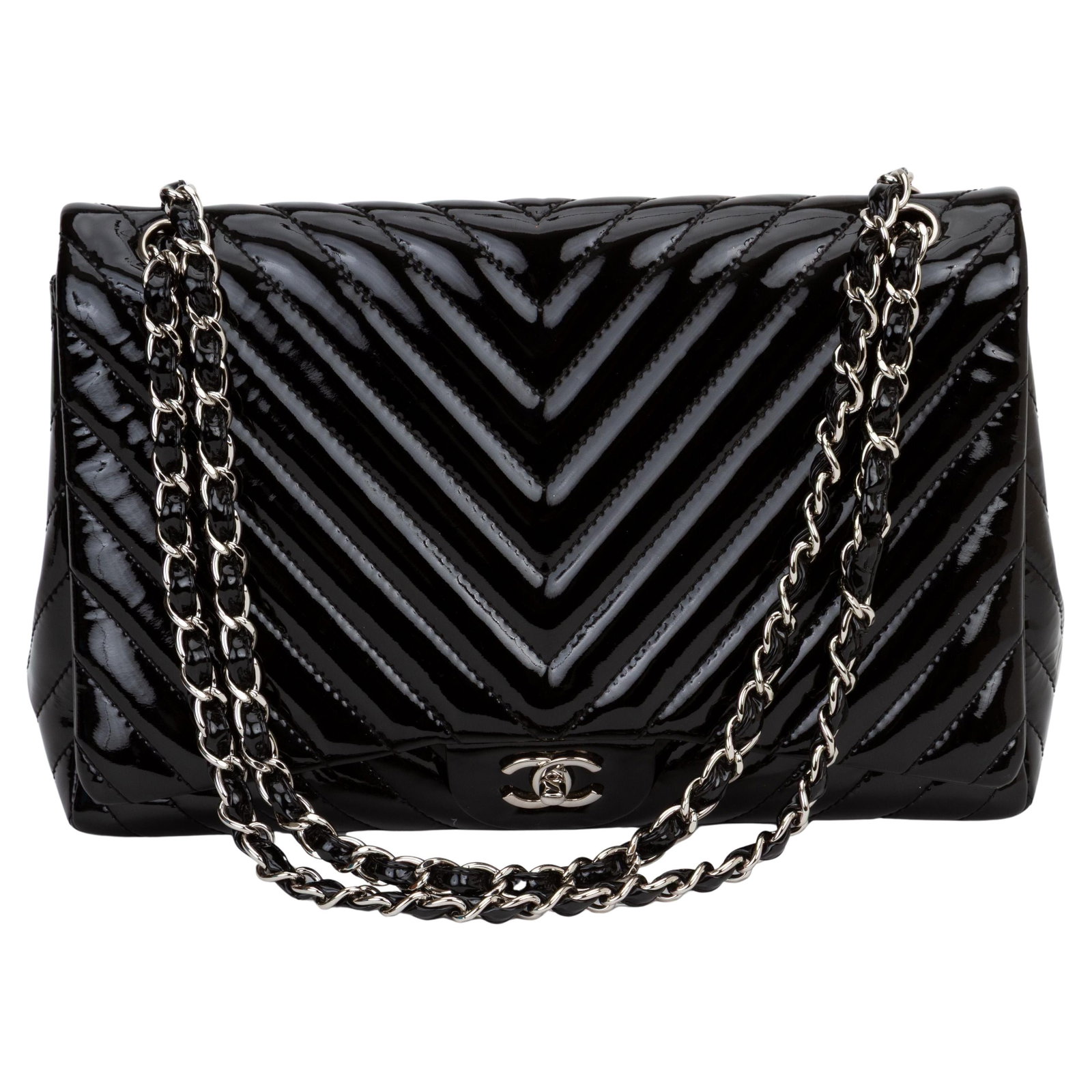 Chanel Classic Single Flap Maxi Patent Leather Crossbody Bag: Chanel Classic Single Flap Maxi Patent Leather Crossbody Bag Chanel Classic Single Flap bag in black chevron patent leather with silver-tone hardware. Designed with a Mademoiselle lock closure and a c