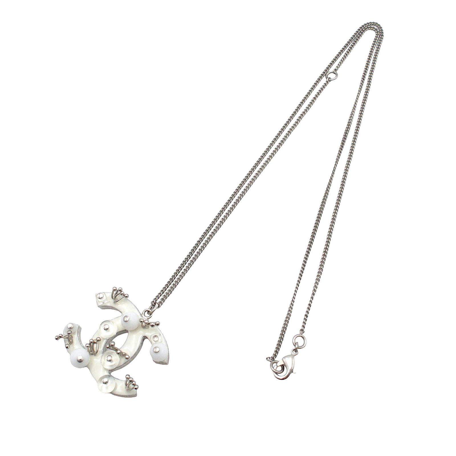 Chanel CC Pendant Necklace Silver Tone Metal Resin Studded (1 of 7)