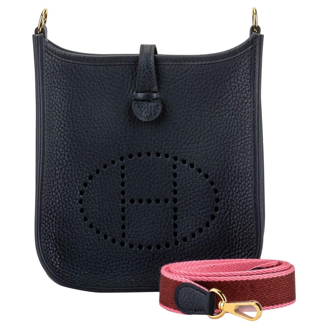 Hermes Evelyne mini bag baby blue clemence leather gold tone hardware: Hermes Evelyne mini bag baby blue clemence leather gold tone hardware This Hermes Mini Evelyne bag features baby blue Clemence leather paired with a pink and red strap and gold tone hardware. Made in 