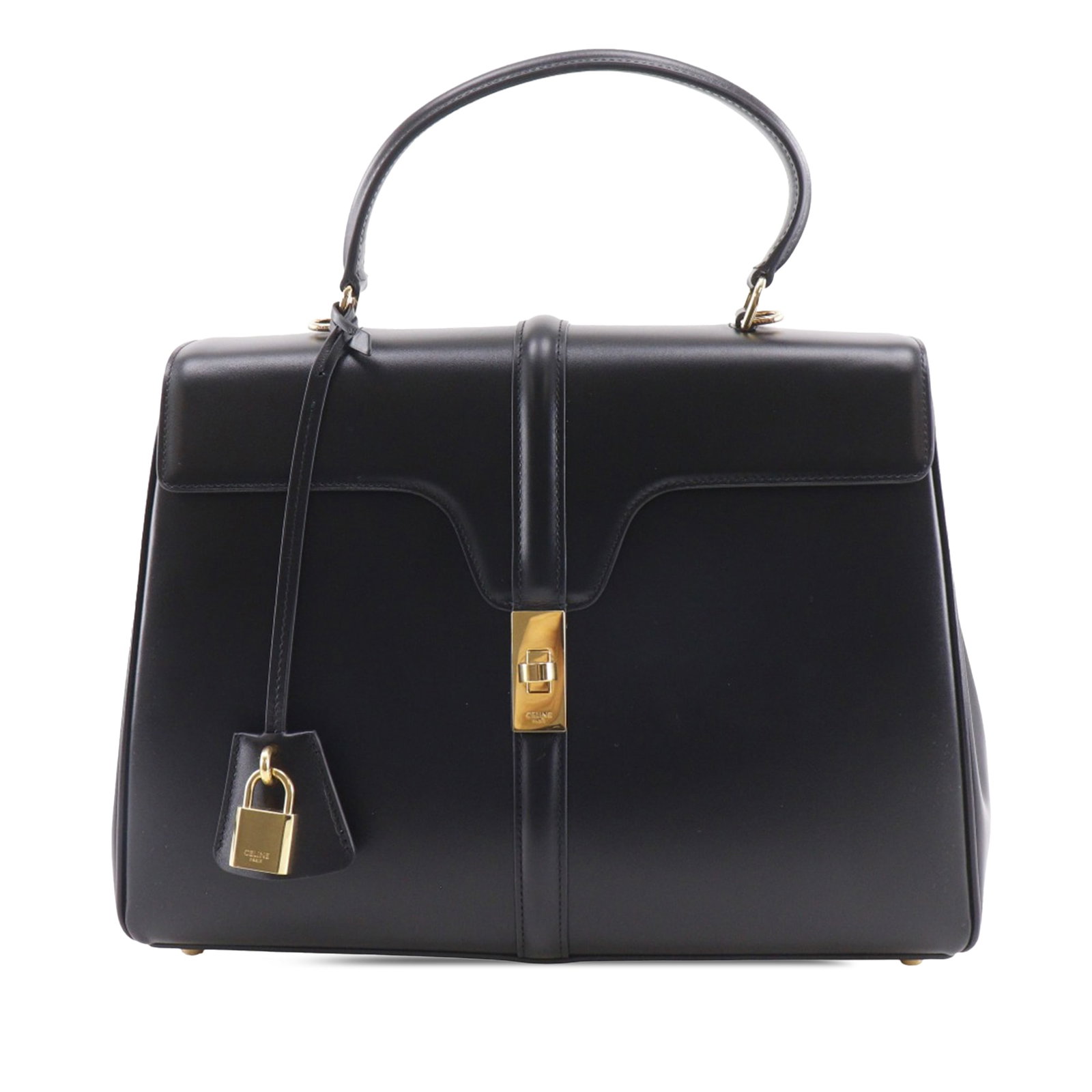 Celine Classique 16 Medium Top Handle Leather Bag Black: Celine Classique 16 Medium Top Handle Leather Bag Black Celine Medium Calfskin Classique 16 Top Handle Bag in black leather, made in Italy. This bag features a leather body, flat leather top handle, d