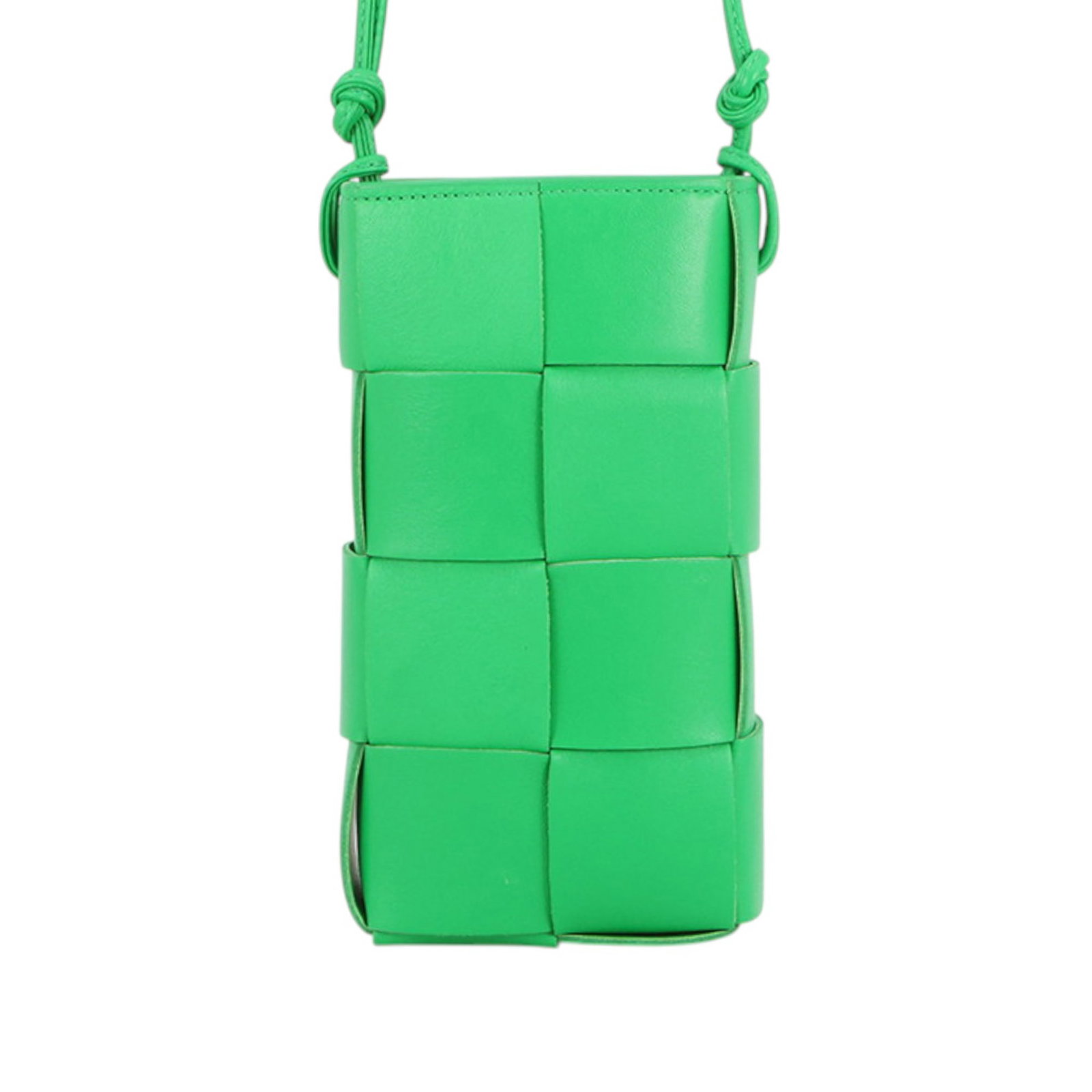 Green Leather Crossbody Bottega Veneta Cassette Phone Holder: Green Leather Crossbody Bottega Veneta Cassette Phone Holder This Bottega Veneta crossbody phone holder is crafted in nappa leather with the brand's Maxi Intrecciato Cassette design. It features a fla