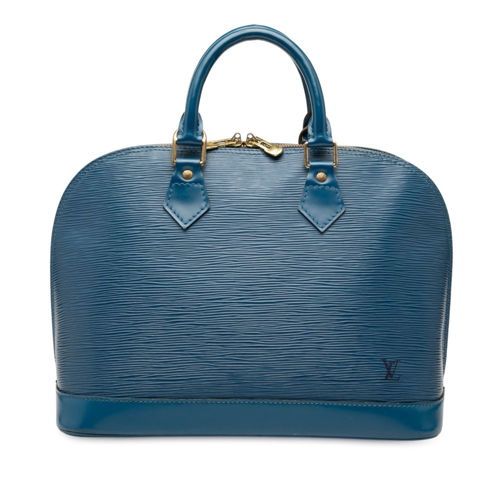 Louis Vuitton Epi Alma PM Blue Leather Handbag: Louis Vuitton Epi Alma PM Blue Leather Handbag This Louis Vuitton Epi Alma PM bag showcases a refined Epi leather body in a striking blue hue. It features rolled leather handles, a top zip closure, an