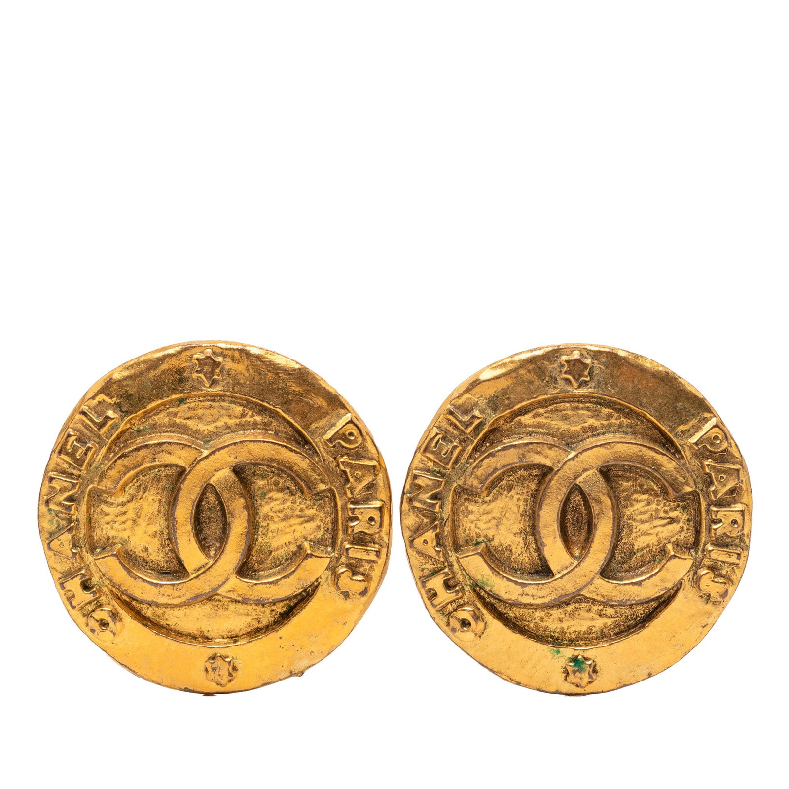Chanel Round Gold Tone Clip Earrings with CC Logo: Chanel Round Gold Tone Clip Earrings with CC Logo These Chanel CC round clip-on earrings feature gold plated metal bodies with back clip-on closures. Designed as part of Chanel's costume jewelry line,