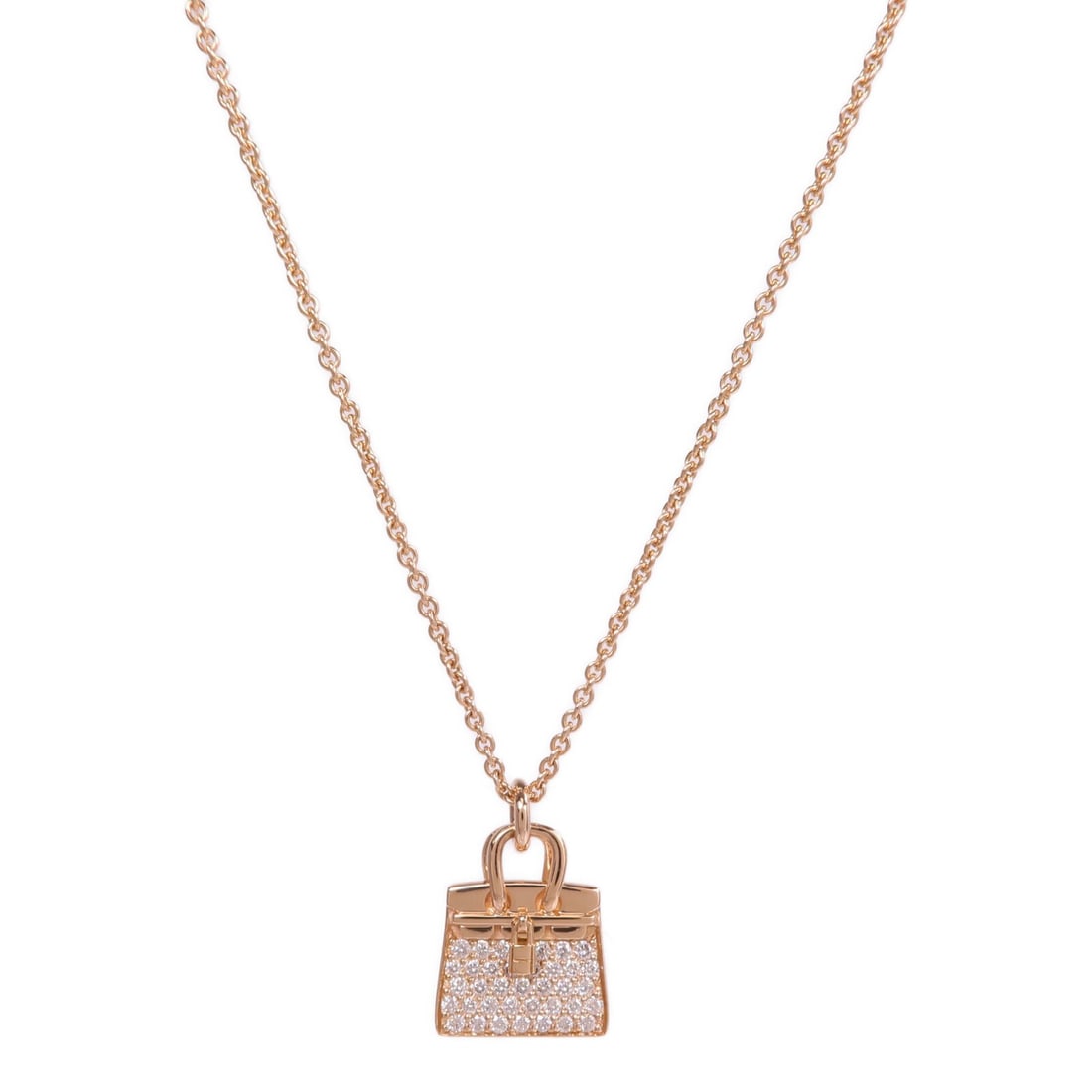 Hermes Amulettes Birkin Diamond Necklace 18K Rose Gold: Hermes Amulettes Birkin Diamond Necklace 18K Rose Gold Hermes Amulettes Birkin Pendant Necklace in K18PG rose gold with diamond accents. The necklace is described as a women's regular-size piece in cl