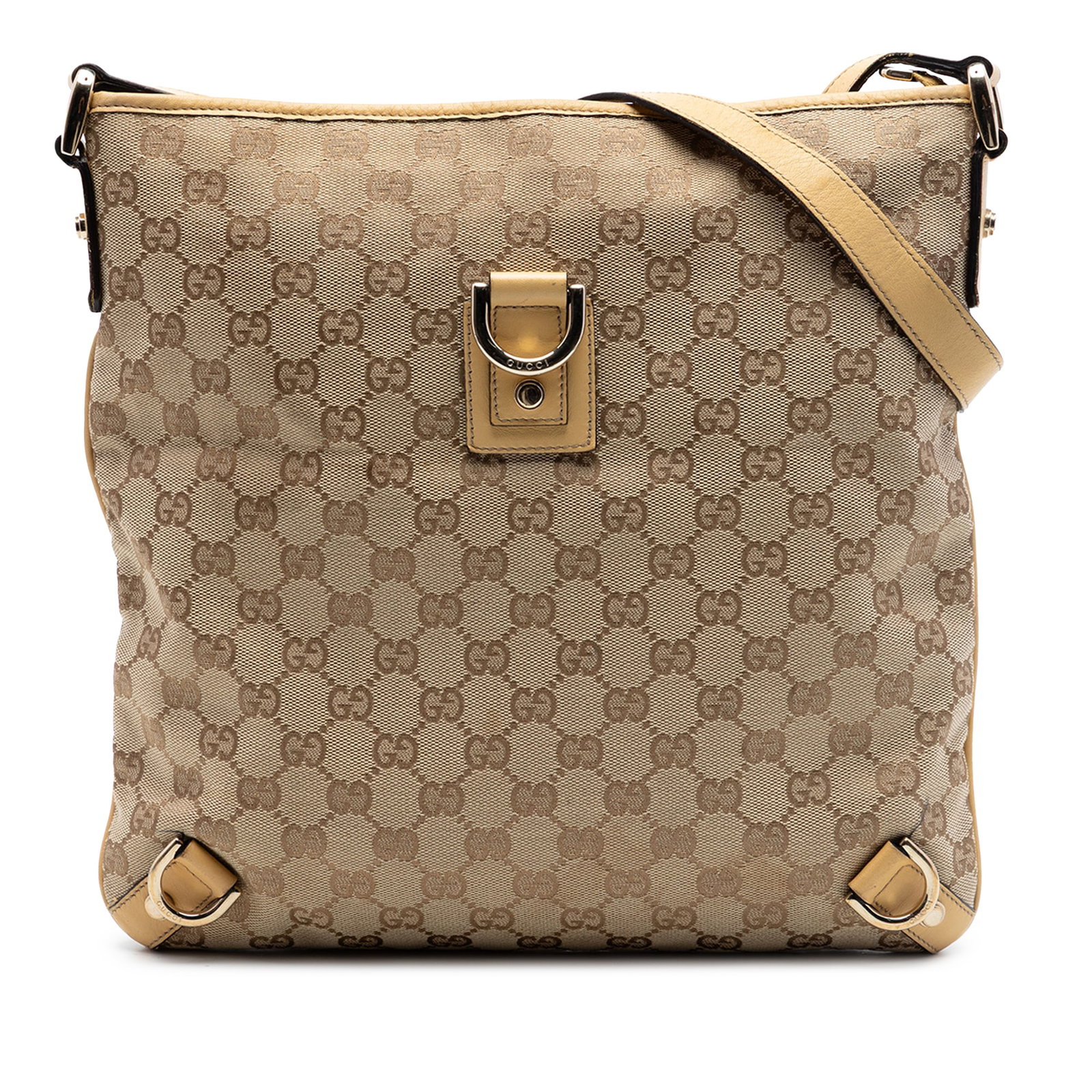 Gucci Abbey D Ring Crossbody Bag in GG Canvas: Gucci Abbey D Ring Crossbody Bag in GG Canvas Gucci Abbey D Ring crossbody bag in beige GG canvas with leather trim. This crossbody style features an adjustable flat leather strap, top zip closure, an