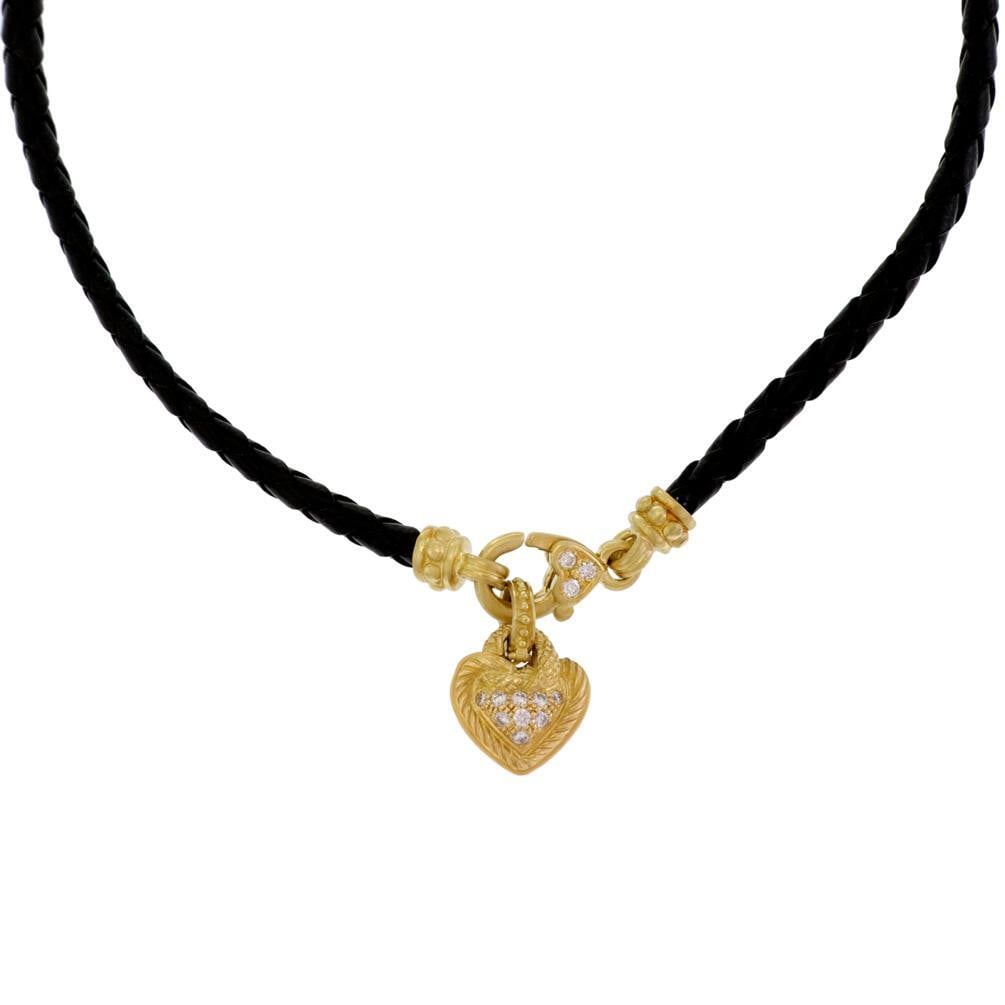 Judith Ripka 18k Yellow Gold Heart Necklace with Diamonds on Leather Cord: Judith Ripka 18k Yellow Gold Heart Necklace with Diamonds on Leather Cord Elevate your accessory collection with this exquisite Judith Ripka necklace. The stunning pendant and clasp are crafted from a