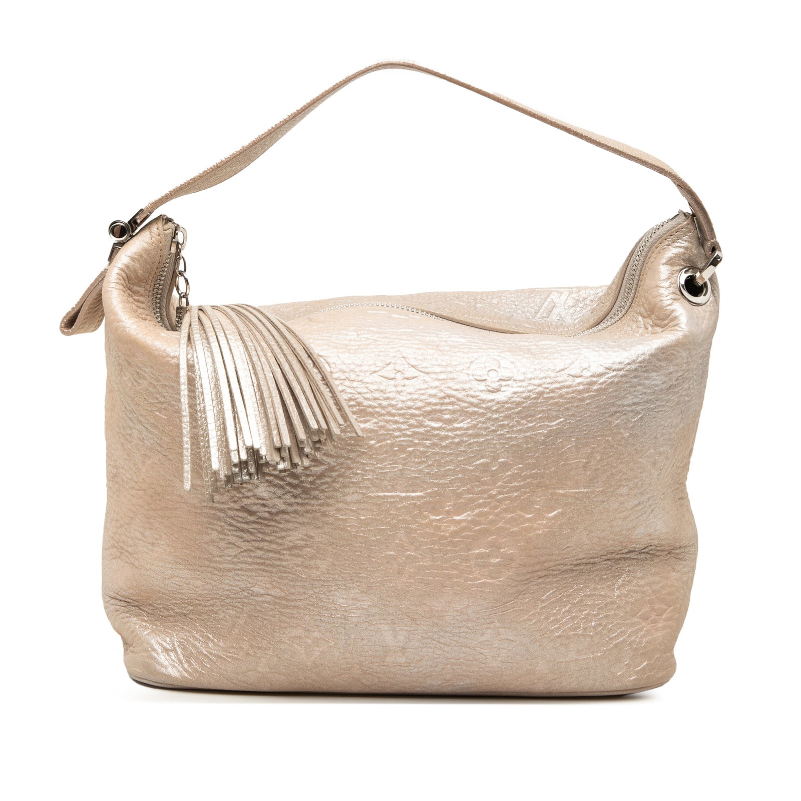 Louis Vuitton Monogram Shimmer Halo leather bag: Louis Vuitton Monogram Shimmer Halo leather bag The Louis Vuitton Monogram Shimmer Halo is a gold leather handbag featuring a tassel detail, flat leather handle with silver-tone chain accents, a top z