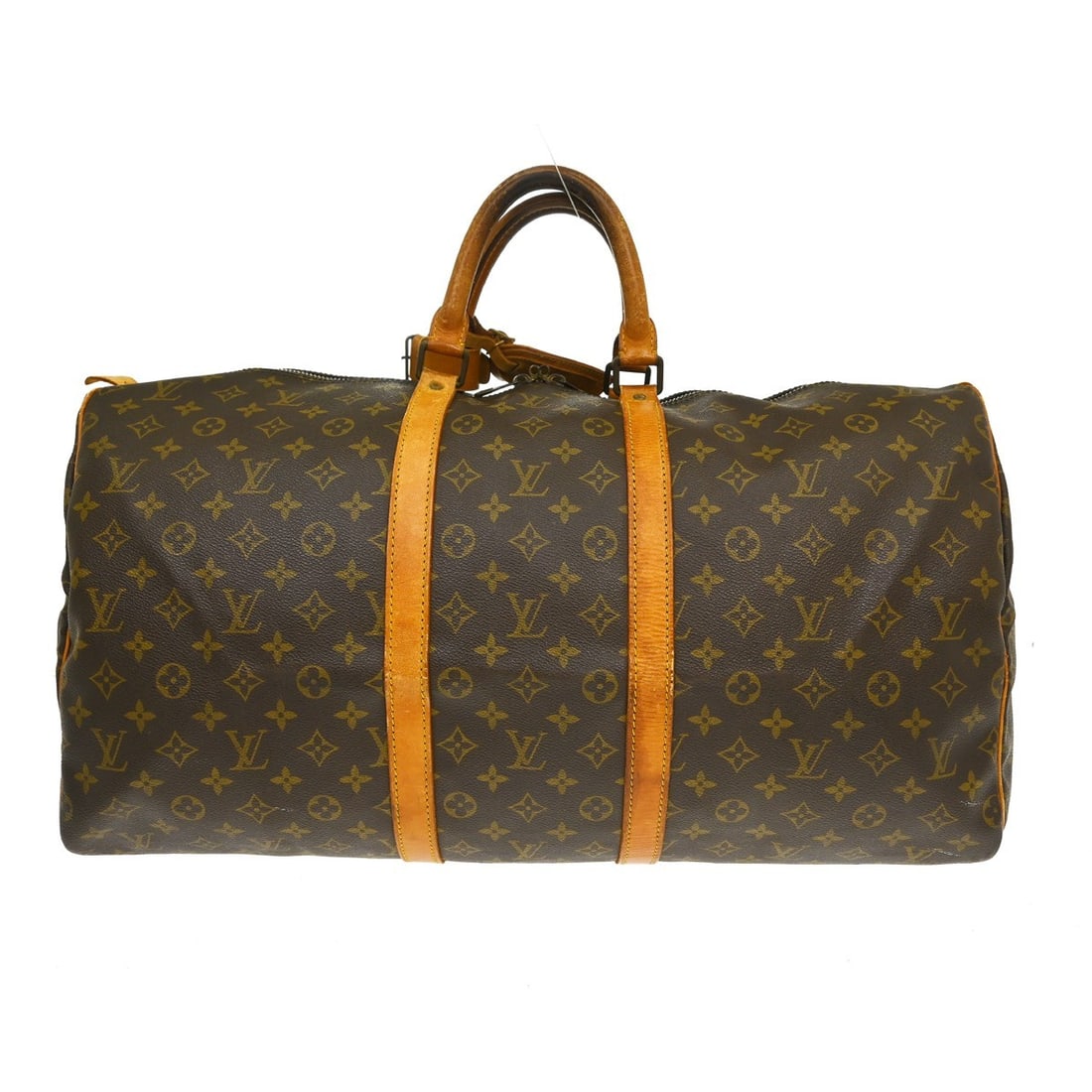 Louis Vuitton Keepall 55 Monogram Duffle Bag M41424 VI862: Louis Vuitton Keepall 55 Monogram Duffle Bag M41424 VI862 Vintage Louis Vuitton Keepall 55 travel handbag in Monogram canvas with leather trim and double handles. This extra-large duffle-style bag fea