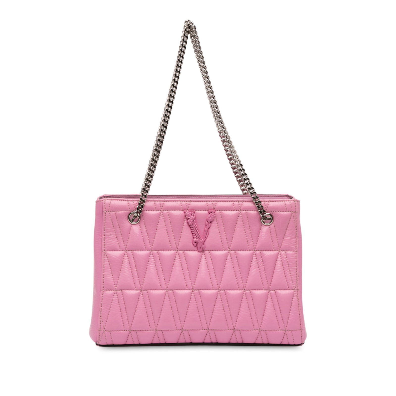 Virtus Pink Quilted Leather Tote Bag by Versace with Chain Straps: Virtus Pink Quilted Leather Tote Bag by Versace with Chain Straps This Versace Virtus tote features a quilted leather exterior in pink, complemented by chain-link straps and an open top design. The in