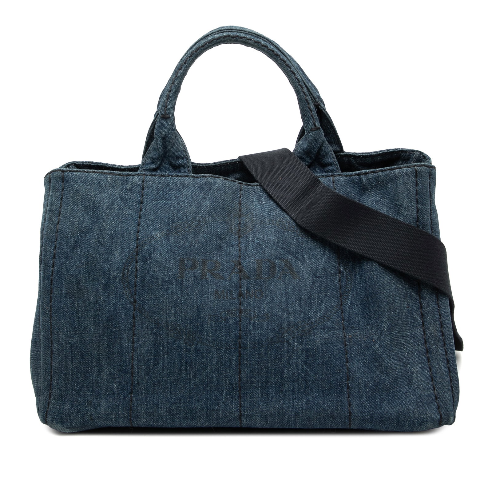 Prada Canapa Logo Denim Satchel Bag Blue: Prada Canapa Logo Denim Satchel Bag Blue This Prada Denim Canapa Logo Satchel features a blue denim fabric body with rolled handles and a detachable strap. It has an open top design and includes inter