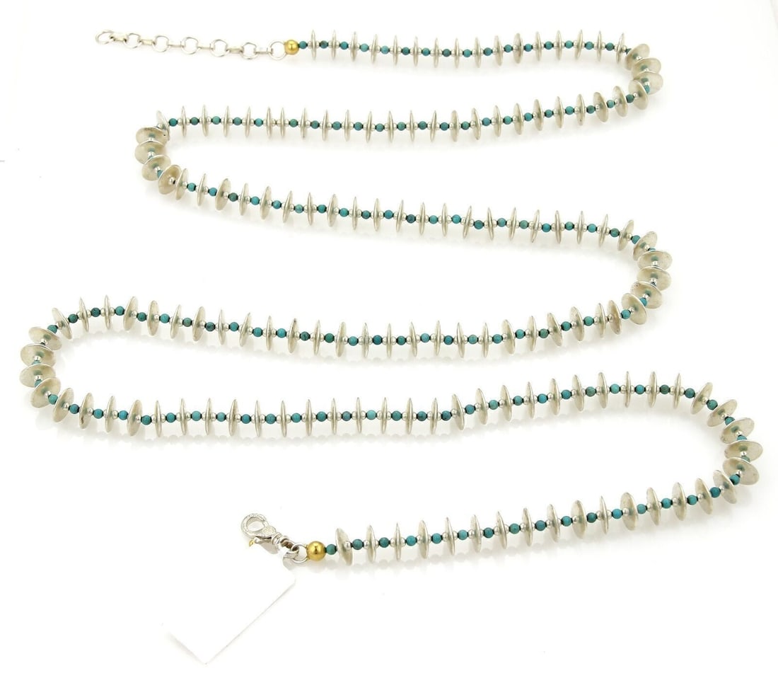Gurhan Turquoise Disc Necklace Sterling Silver 24k Gold Overlay: Gurhan Turquoise Disc Necklace Sterling Silver 24k Gold Overlay Sterling silver necklace with 24k gold overlay accents, featuring turquoise beads and disc elements throughout an elongated design. It m