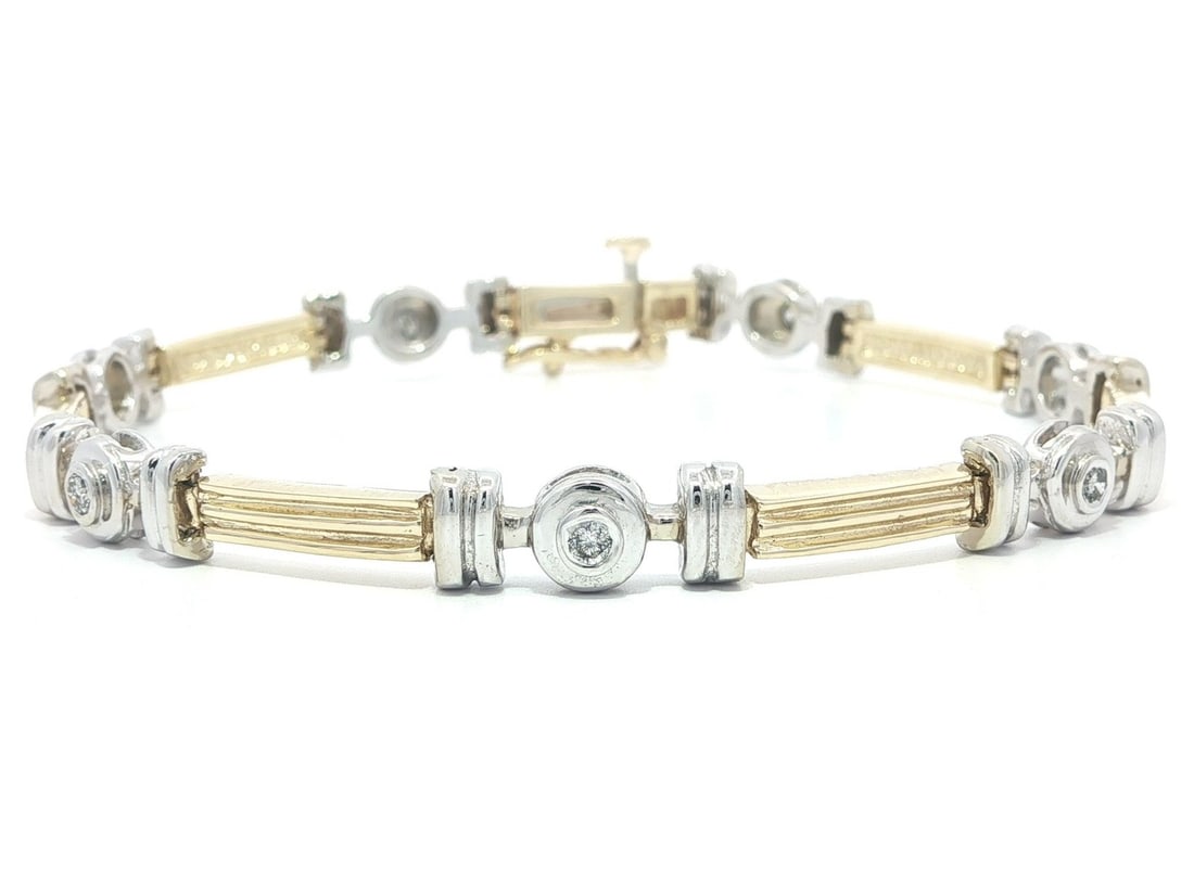 Diamond Bezel Bracelet 14k Yellow and White Gold Grooved Stack Design (1 of 5)