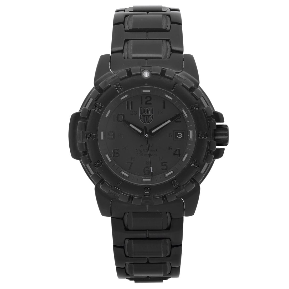 Luminox F-117 Nighthawk 45mm Military Quartz Watch Black Dial Steel Bracelet: Luminox F-117 Nighthawk 45mm Military Quartz Watch Black Dial Steel Bracelet This Luminox F-117 Nighthawk men's wristwatch combines military precision with sleek style. Featuring a robust 45mm stainle