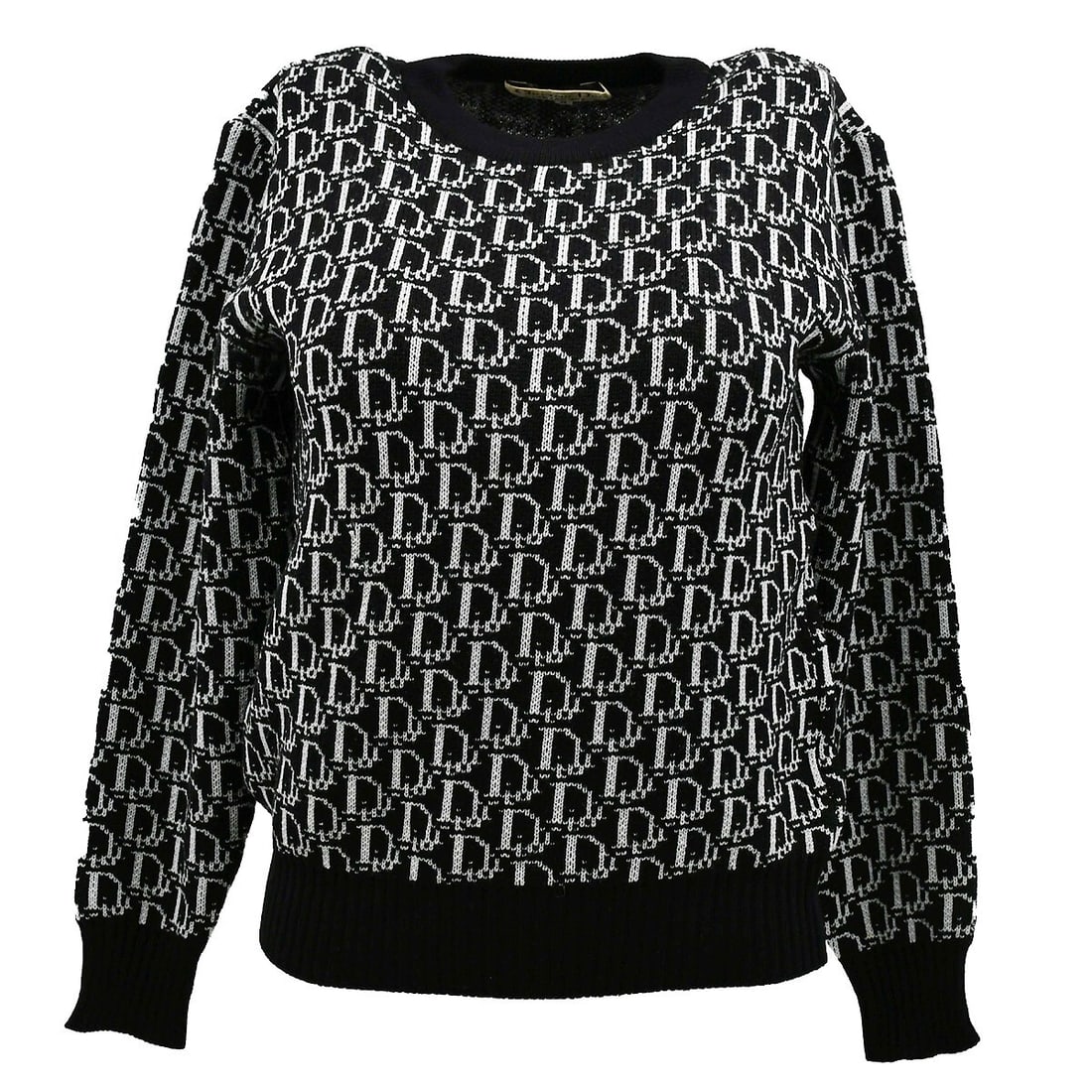 Dior black wool long sleeve sweater with logo size M: Dior black wool long sleeve sweater with logo size M Christian Dior women's long sleeve sweater in black with a round neckline, regular fit, and logo accent. Made from 100% wool, this top is marked si