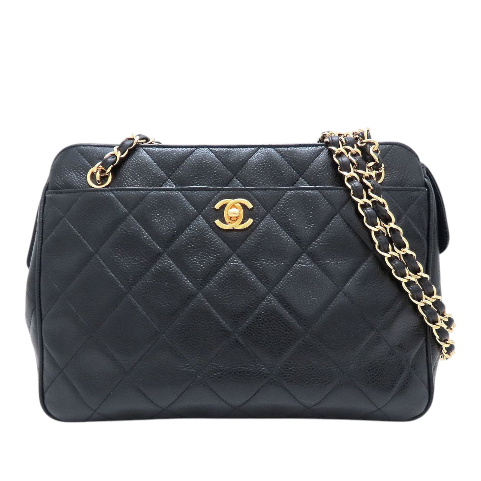 Chanel caviar leather quilted shoulder bag with front pocket: Chanel caviar leather quilted shoulder bag with front pocket This Chanel CC Quilted Caviar Front Pocket Shoulder Bag is crafted from caviar leather and features leather-woven chain link straps, a top 