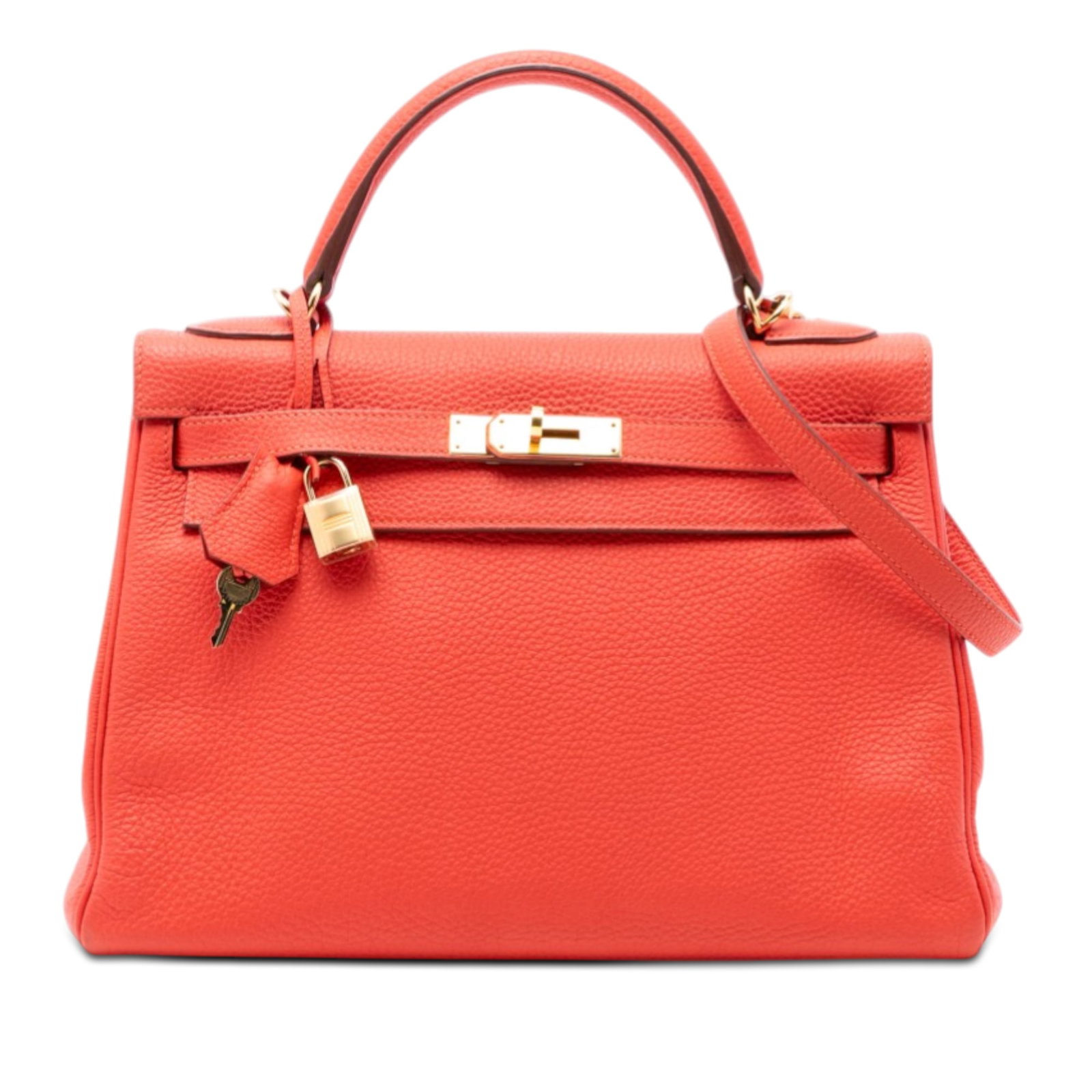 Hermes Kelly II Retourne 32 Togo Leather Capucine Orange Bag: Hermes Kelly II Retourne 32 Togo Leather Capucine Orange Bag This Hermes Togo Kelly II Retourne 32 bag is crafted from Togo leather in a striking Capucine (orange) color. It features a flat leather to
