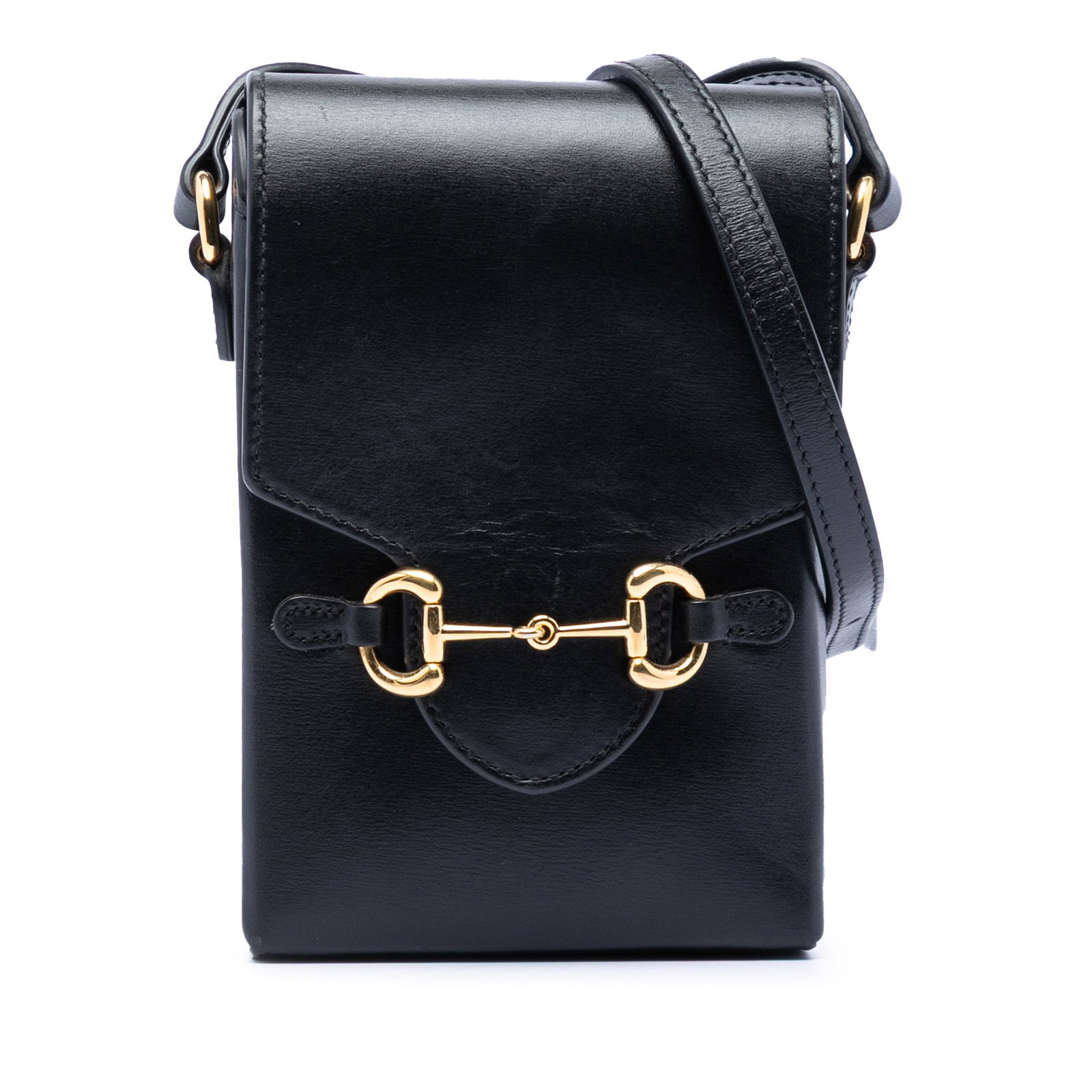 Gucci Horsebit 1955 Mini Black Leather Crossbody Bag: Gucci Horsebit 1955 Mini Black Leather Crossbody Bag This Gucci Mini Leather Horsebit 1955 Crossbody bag is crafted from black leather and features an adjustable flat leather shoulder strap and a fron