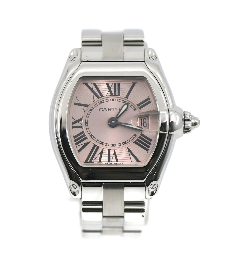 Cartier Roadster 33mm Quartz Wristwatch Ref W62054V3 Pink Dial: Cartier Roadster 33mm Quartz Wristwatch Ref W62054V3 Pink Dial Cartier Roadster wristwatch with a stainless steel case and bracelet, featuring a pink analog dial with Roman numeral hour markers and a 