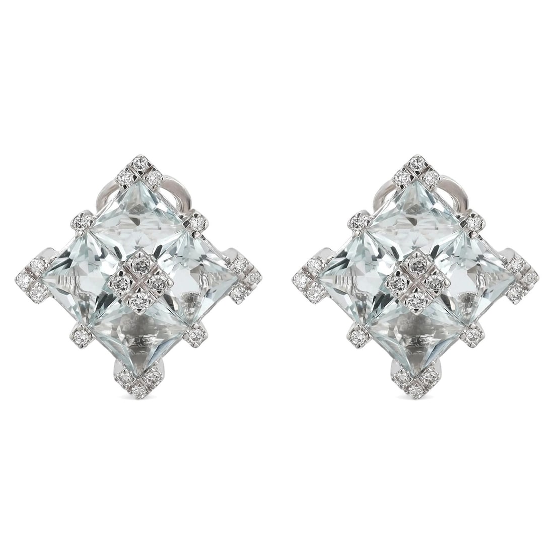 Aquamarine and Diamond Stud Earrings in 18k White Gold by Salvini: Aquamarine and Diamond Stud Earrings in 18k White Gold by Salvini These Salvini stud earrings are crafted in 18k white gold and feature four square-shaped aquamarine gemstones accented by round cut na