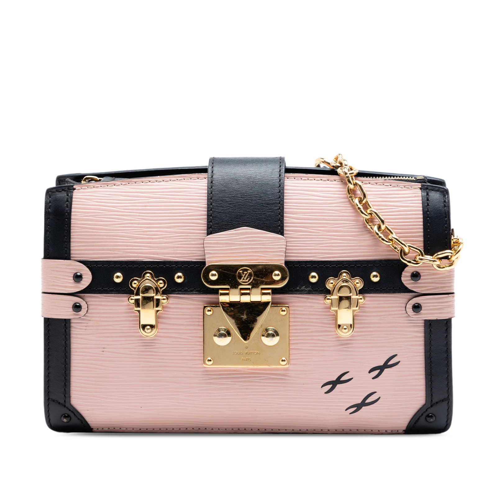 Louis Vuitton pink Epi leather Trunk clutch bag: Louis Vuitton pink Epi leather Trunk clutch bag This Louis Vuitton Epi Trunk Clutch features a pink epi leather body with an adjustable and detachable chain link strap that includes a leather guard. T