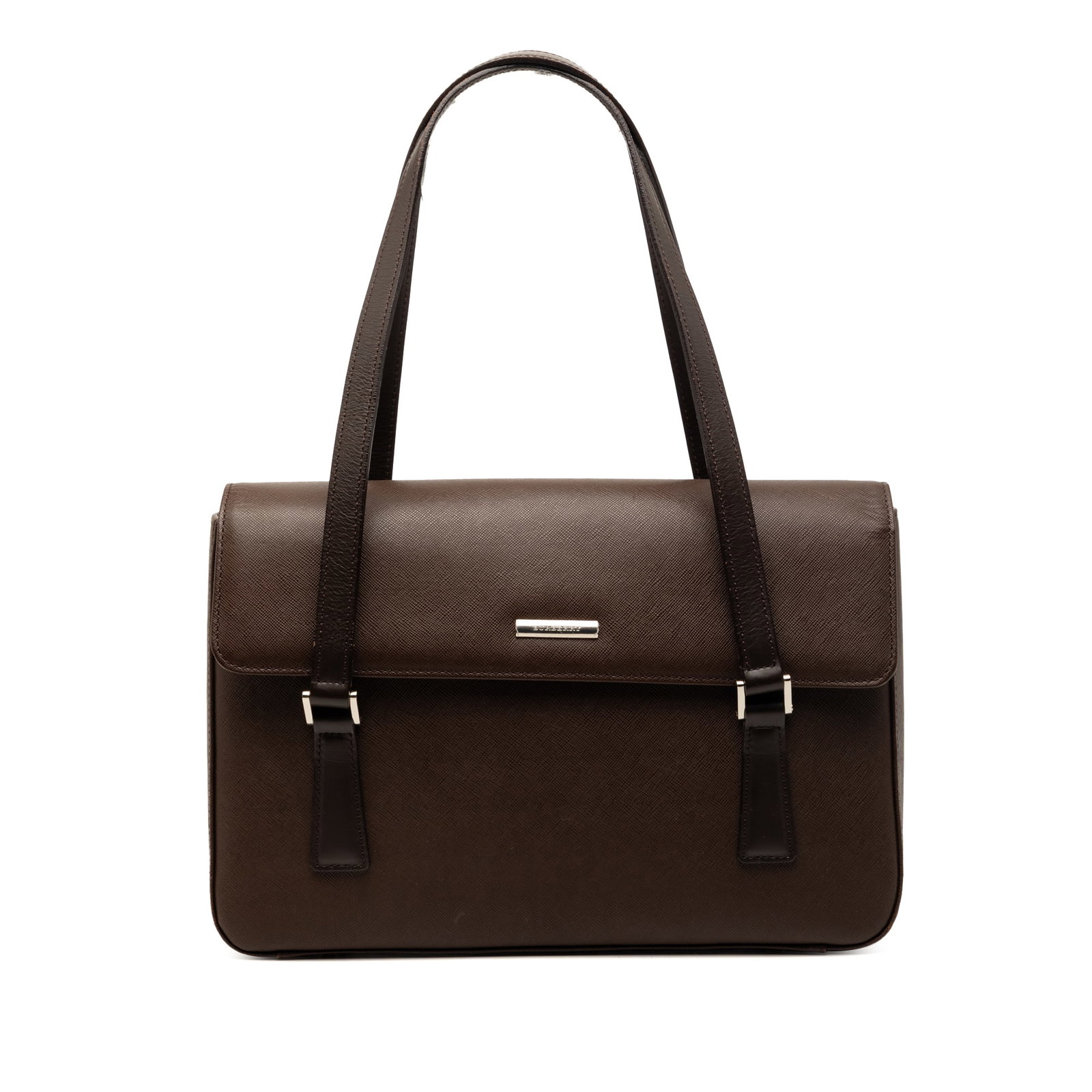 Burberry brown leather flap handbag: Burberry brown leather flap handbag This Burberry handbag is crafted from leather and features flat leather handles, a front flap with magnetic closure, and interior zip and slip pockets. The bag is b