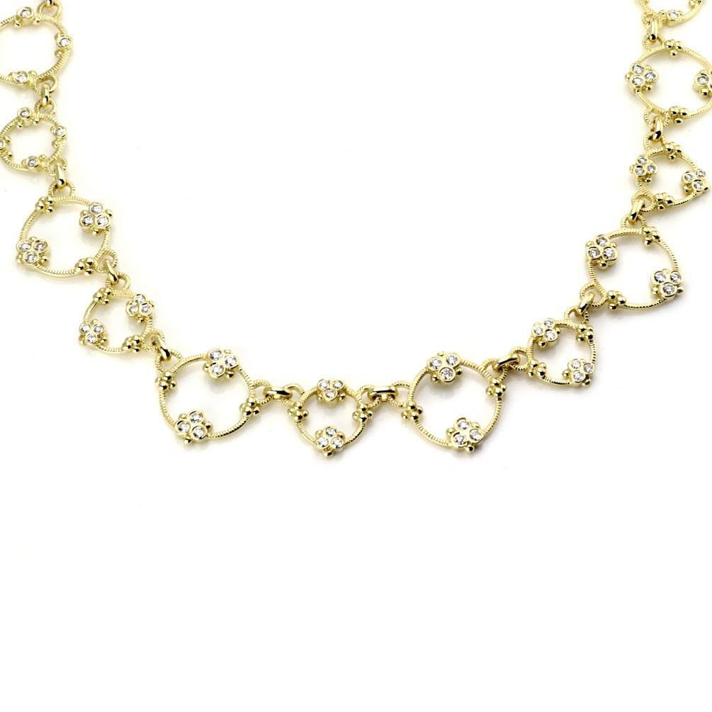 Judith Ripka 2.80ct Diamond 18k Yellow Gold Floral Link Necklace: Judith Ripka 2.80ct Diamond 18k Yellow Gold Floral Link Necklace Elevate your jewelry collection with this exquisite necklace by Judith Ripka. Crafted from authentic 18k yellow gold with a textured fi