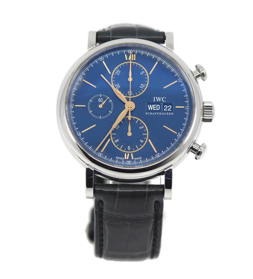 IWC Portofino Automatic Chronograph Blue Dial 42 mm Steel Watch: IWC Portofino Automatic Chronograph Blue Dial 42 mm Steel Watch This IWC Portofino Chronograph wristwatch, reference IW391036, features a 42 mm stainless steel case paired with a blue analog dial. Pow
