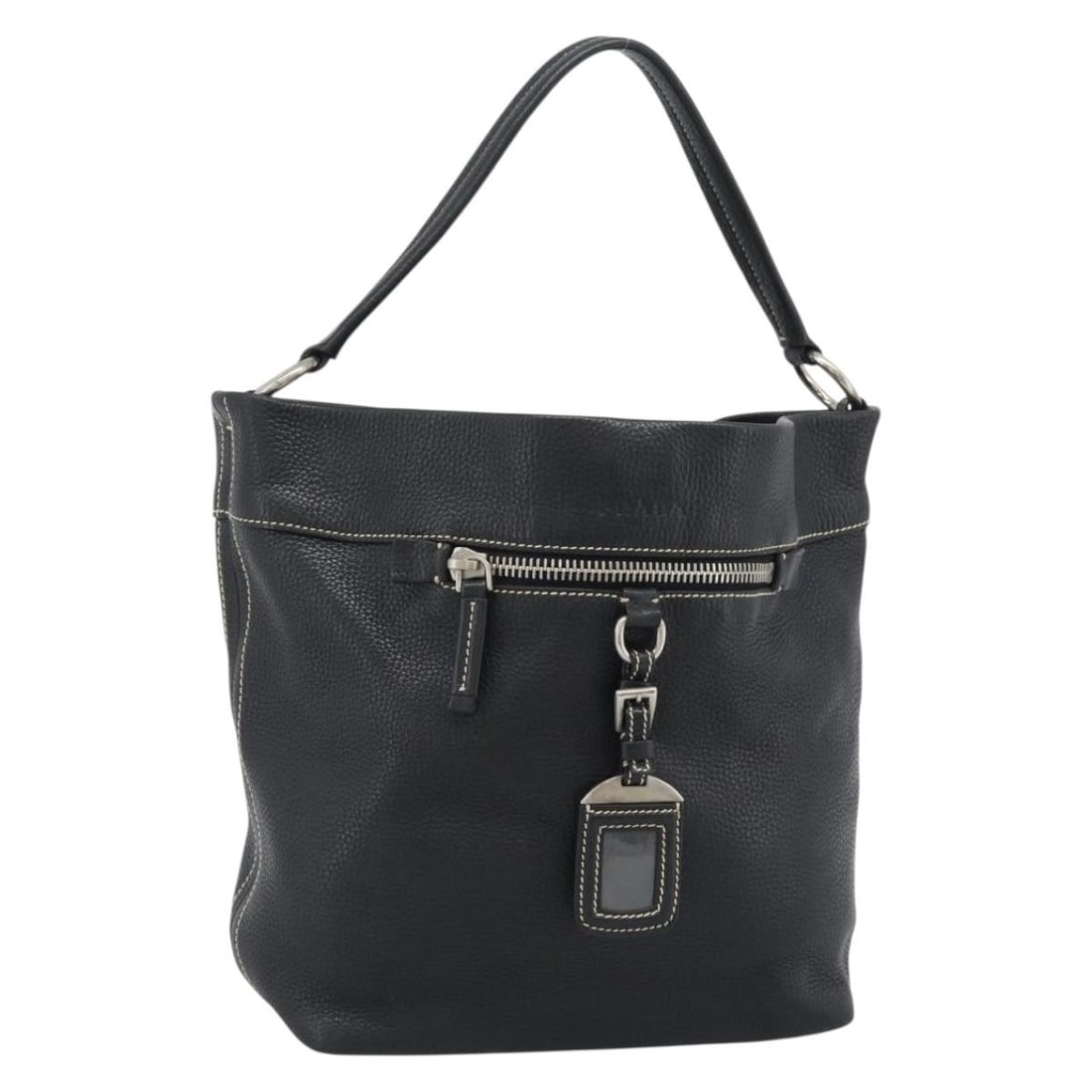 PRADA Black Leather Shoulder Bag with Silver Tone Hardware: PRADA Black Leather Shoulder Bag with Silver Tone Hardware This PRADA shoulder bag is crafted from leather in black and silver. It features a women's shoulder bag style, with an approximate size of 24