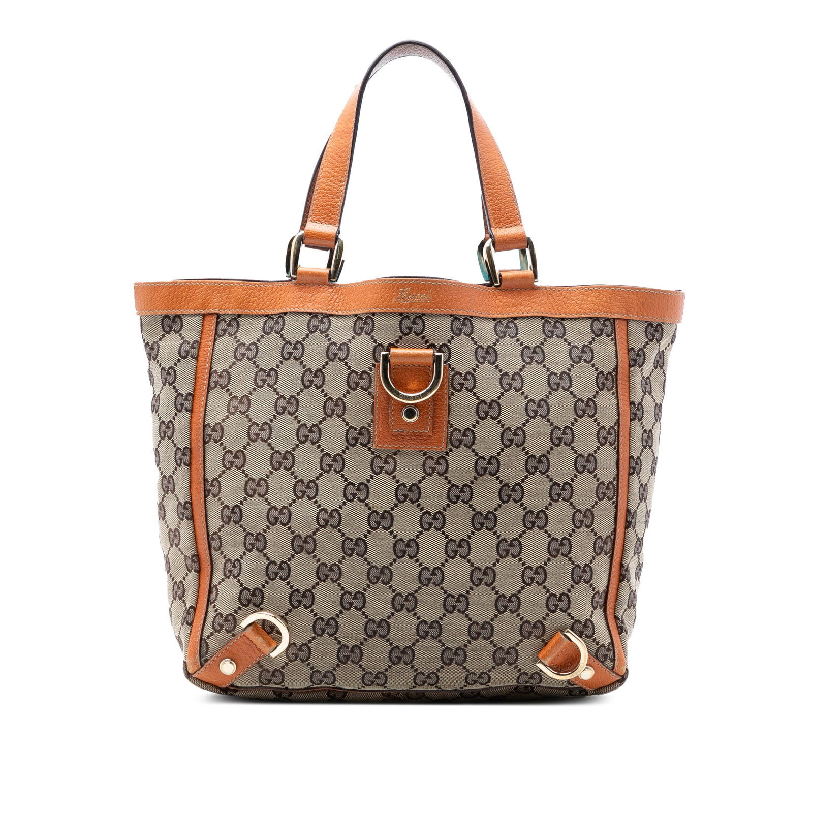 Gucci Abbey D Ring Tote in Beige GG Canvas: Gucci Abbey D Ring Tote in Beige GG Canvas Gucci GG Canvas Abbey D Ring Tote in beige fabric with leather trim and flat leather handles. The bag features an open top with a magnetic closure, along wit
