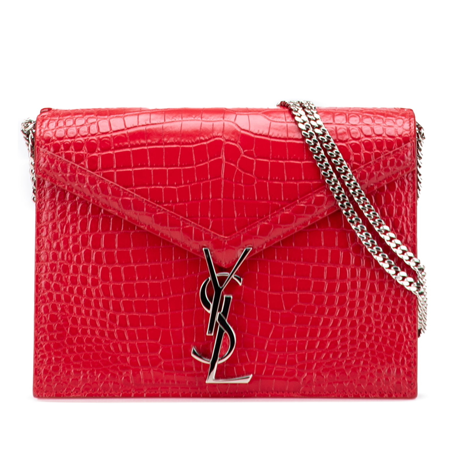 Saint Laurent Red Croc Embossed Leather Cassandra Clasp Bag: Saint Laurent Red Croc Embossed Leather Cassandra Clasp Bag Introducing the Saint Laurent Croc Embossed Leather Monogram Cassandra Clasp Bag, a luxurious accessory crafted from embossed leather in a s