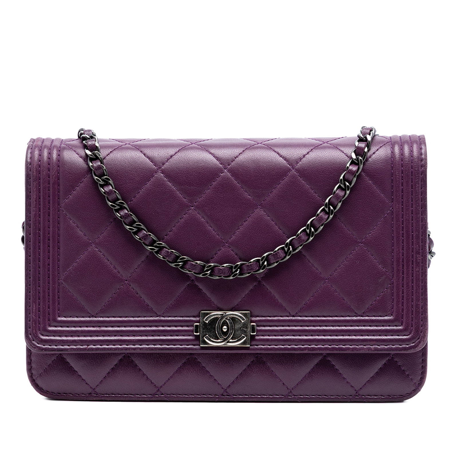 Chanel Boy Wallet on Chain Purple Quilted Lambskin: Chanel Boy Wallet on Chain Purple Quilted Lambskin This Chanel Boy Wallet on Chain is crafted from quilted lambskin leather in a striking purple color. It features a leather-woven chain strap, a front