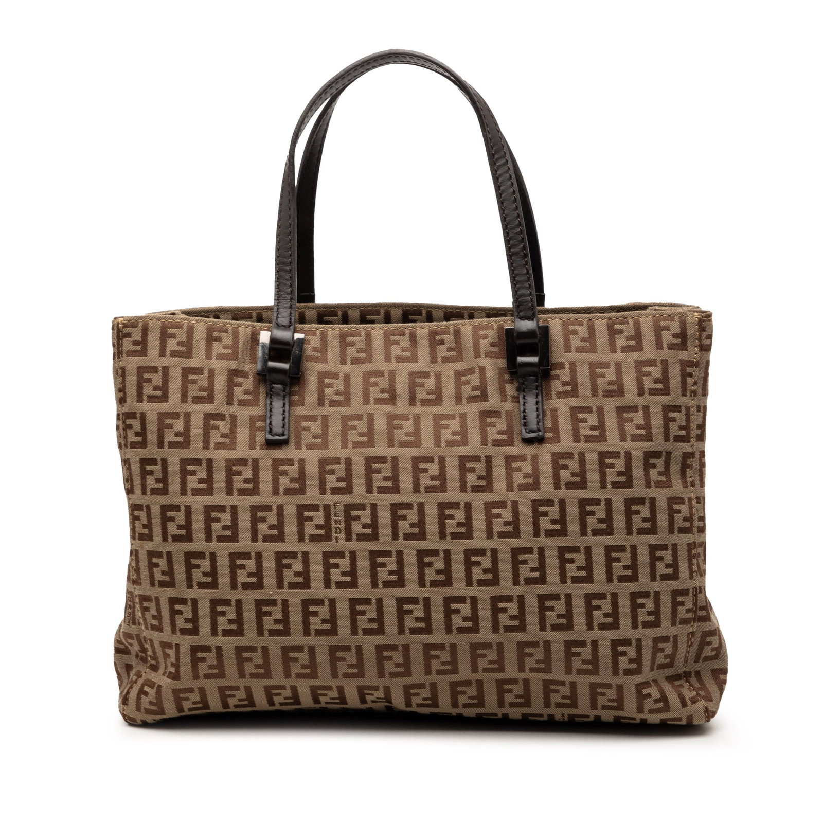 Fendi Zucchino Tote Bag in Brown Canvas: Fendi Zucchino Tote Bag in Brown Canvas Fendi Zucchino Canvas Tote in brown, made in Italy, with a canvas body, flat leather straps, an open top, and an interior zip compartment. The bag is described 