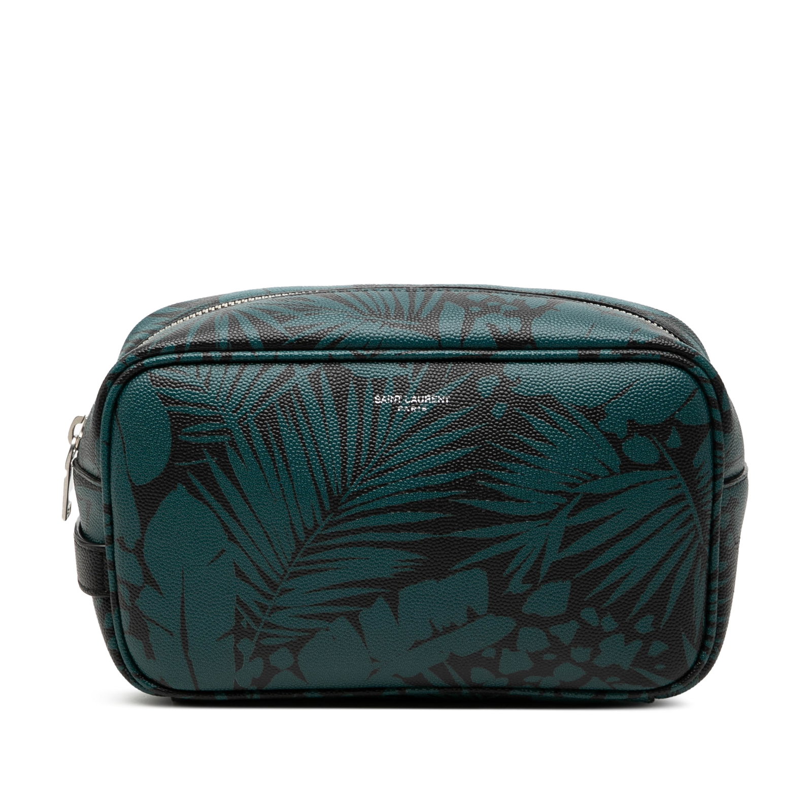 Saint Laurent Grain De Poudre Leather Palm Print Zip Pouch: Saint Laurent Grain De Poudre Leather Palm Print Zip Pouch Saint Laurent Grain De Poudre Tropical Palm Pouch in blue leather with a printed leather body and top zip closure. The item is categorized as