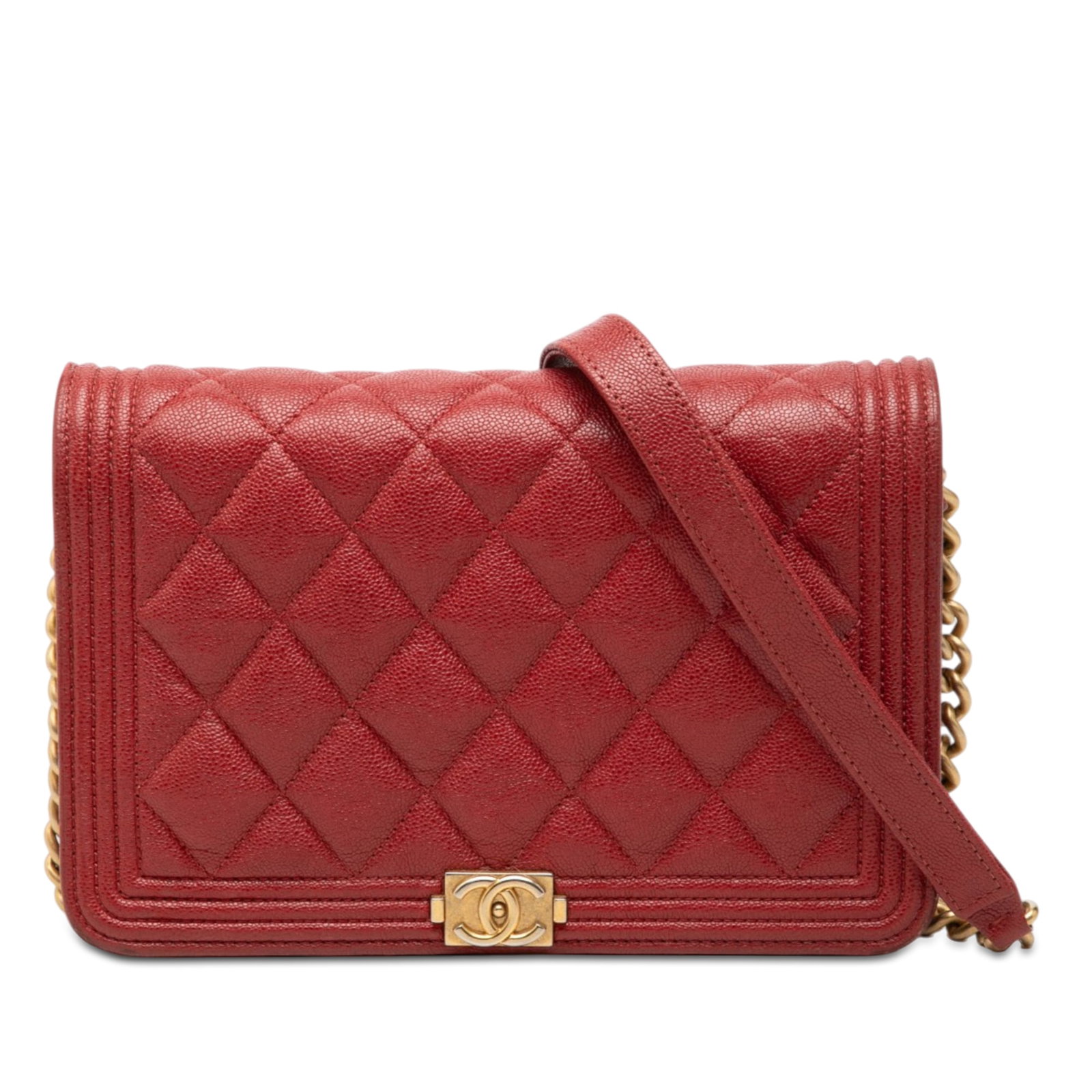 Chanel Boy Wallet on Chain in Red Quilted Caviar Leather: Chanel Boy Wallet on Chain in Red Quilted Caviar Leather Chanel Quilted Caviar Boy Wallet on Chain in red leather with a quilted caviar body, chain link shoulder strap with leather guard, and front fl