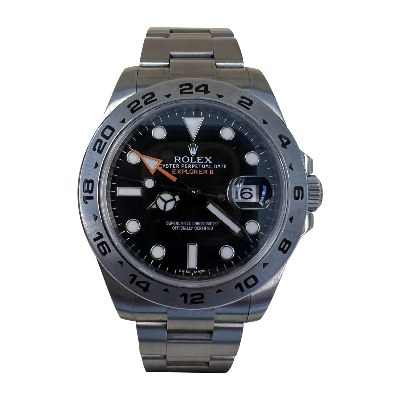 Rolex Explorer II 42mm Automatic Black Dial Stainless Steel Box & Card: Rolex Explorer II 42mm Automatic Black Dial Stainless Steel Box & Card Introducing the Rolex Explorer II, a sophisticated timepiece designed for the modern adventurer. This watch features a striking b