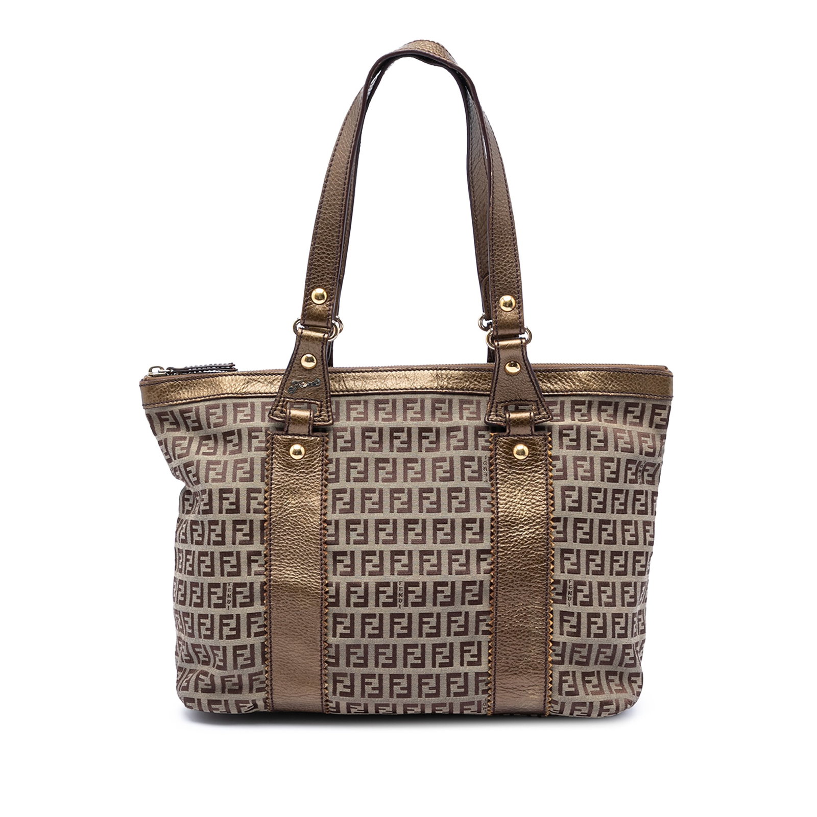Fendi Zucchino beige canvas tote bag with leather trim: Fendi Zucchino beige canvas tote bag with leather trim This Fendi Zucchino Canvas Tote features a beige fabric body with leather trim, flat leather handles, a top zip closure, and both interior zip an