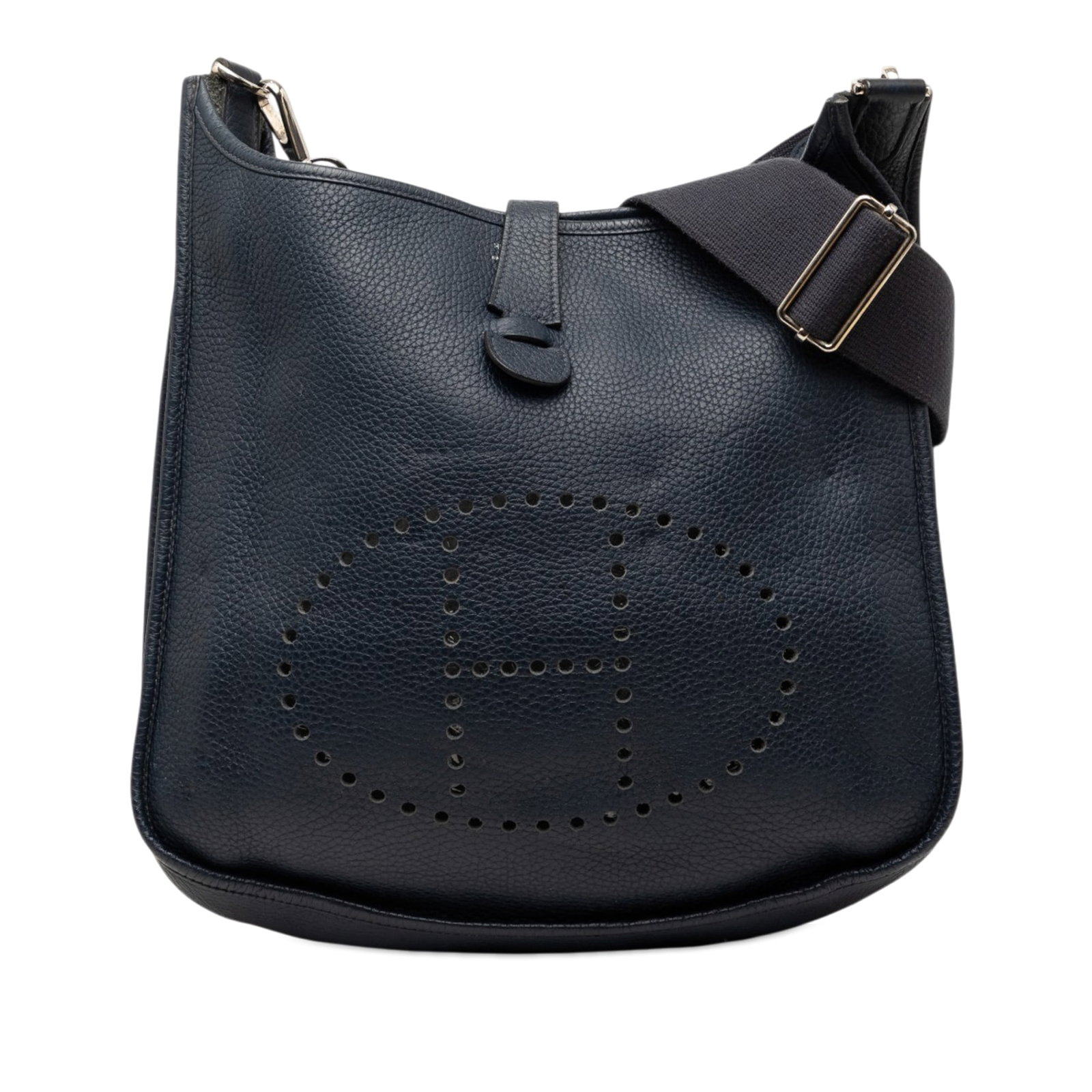 Hermes Evelyne III 29 Bleu Indigo Clemence Leather Bag: Hermes Evelyne III 29 Bleu Indigo Clemence Leather Bag The Hermes Clemence Evelyne III 29 is crafted in Bleu Indigo Clemence leather and features an adjustable and detachable flat canvas strap. The ba