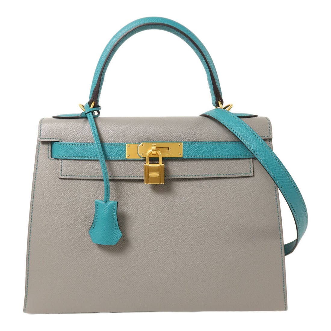 Hermes Kelly 28 Veau Epsom Shoulder Bag Gris Mouette Bleu Paon GHW: Hermes Kelly 28 Veau Epsom Shoulder Bag Gris Mouette Bleu Paon GHW A HERMES Kelly 28 2 Way Shoulder Bag in Veau Epsom leather, presented in Gris Mouette and Bleu Paon. This bag features a 2-way design