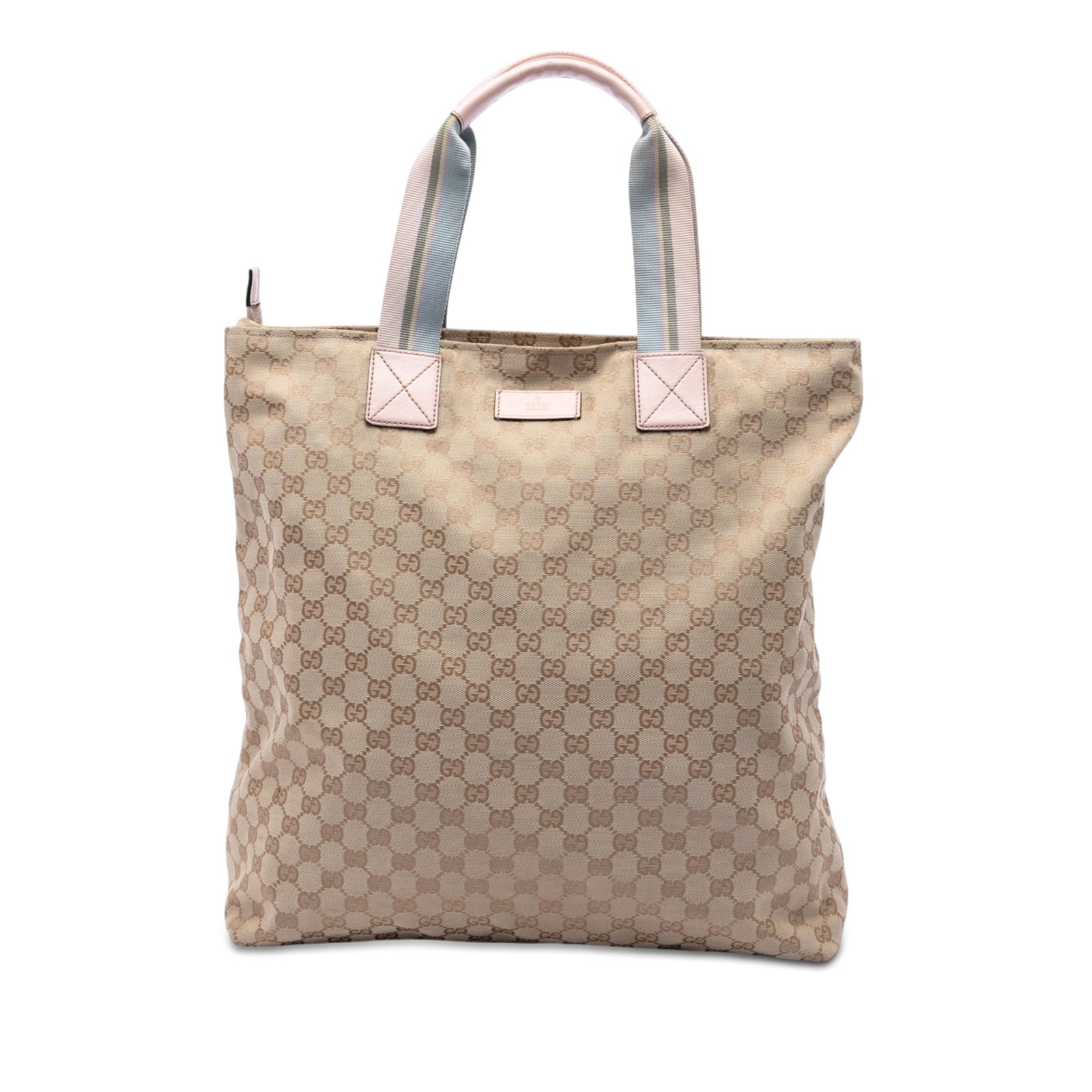 Gucci GG Canvas Vertical Tote Bag with Web Straps: Gucci GG Canvas Vertical Tote Bag with Web Straps A Gucci GG Canvas Web Vertical Tote in beige, crafted with a canvas body and leather trim. It features flat leather handles with web strap details, a 