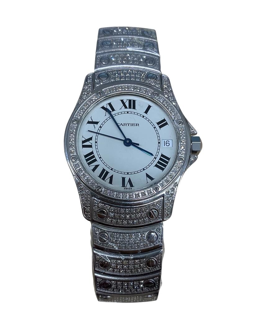 Cartier Santos Ronde 1920 Ladies Automatic Watch With Diamond Bezel and Bracelet: Cartier Santos Ronde 1920 Ladies Automatic Watch With Diamond Bezel and Bracelet This Cartier Santos Ronde Automatic watch features a white dial and is designed for ladies. The timepiece is highlighte