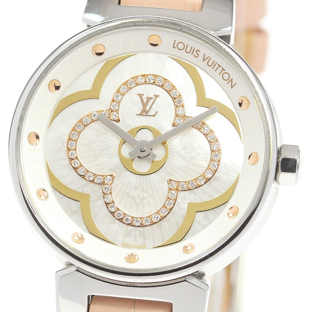 Louis Vuitton Tambour Moon Divine PM QA017 Womens Quartz Wristwatch: Louis Vuitton Tambour Moon Divine PM QA017 Womens Quartz Wristwatch Louis Vuitton Tambour Moon Divine PM women's wristwatch, model QA017, with a diamond-accented design and quartz movement. This pre-o