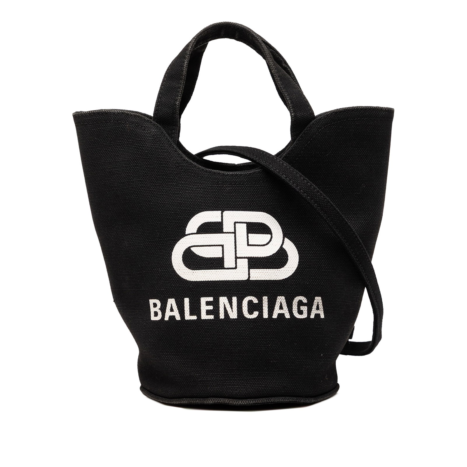 Balenciaga Wave Tote XS Canvas Handbag with Detachable Strap: Balenciaga Wave Tote XS Canvas Handbag with Detachable Strap Balenciaga Canvas Wave Tote XS in black, made in Italy. This bag features a canvas body, flat handles, a detachable strap, an open top, and