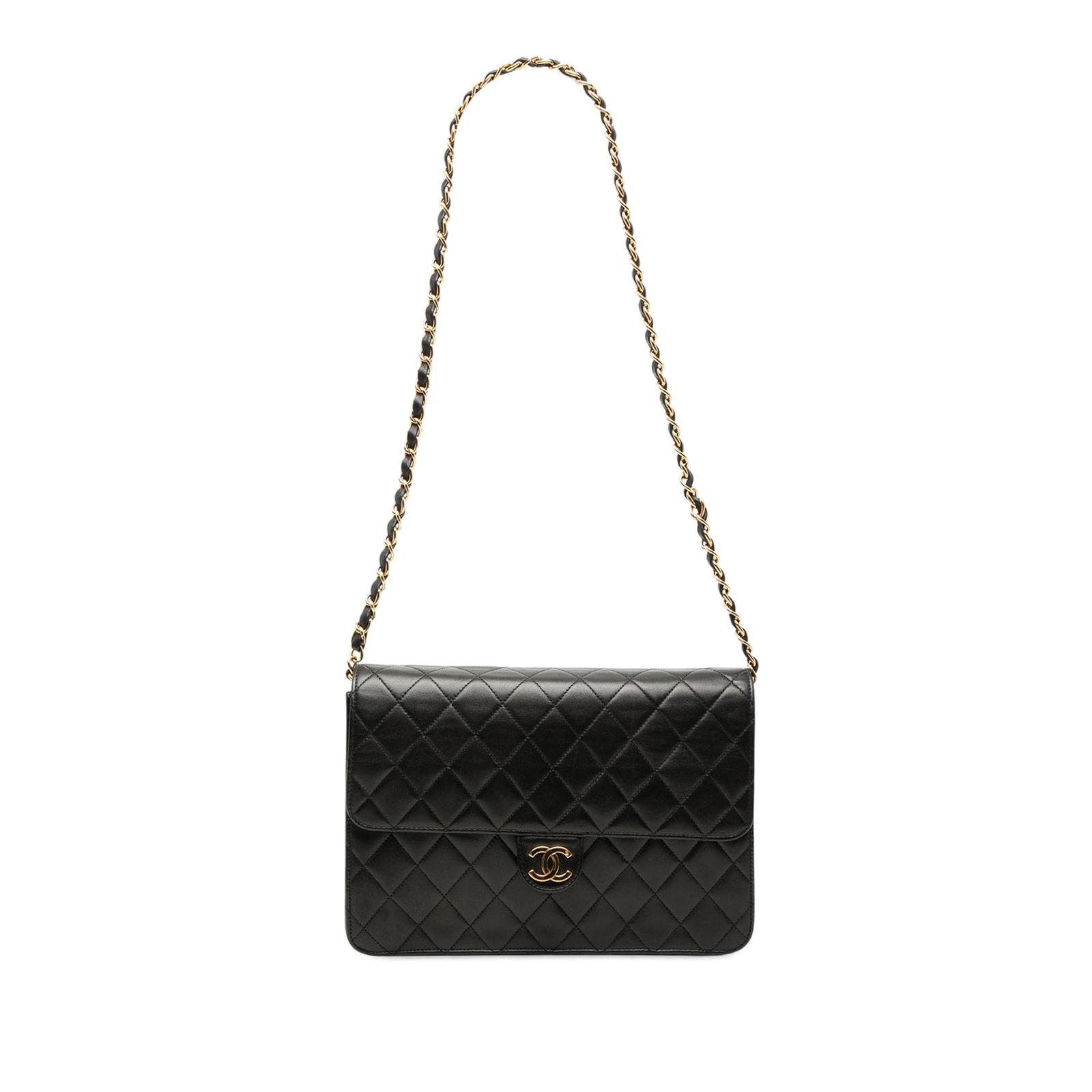 Chanel black quilted lambskin crossbody flap bag Medium CC: Chanel black quilted lambskin crossbody flap bag Medium CC This Chanel Medium CC Quilted Lambskin Single Flap crossbody bag is crafted from black quilted lambskin leather and features a leather-woven 