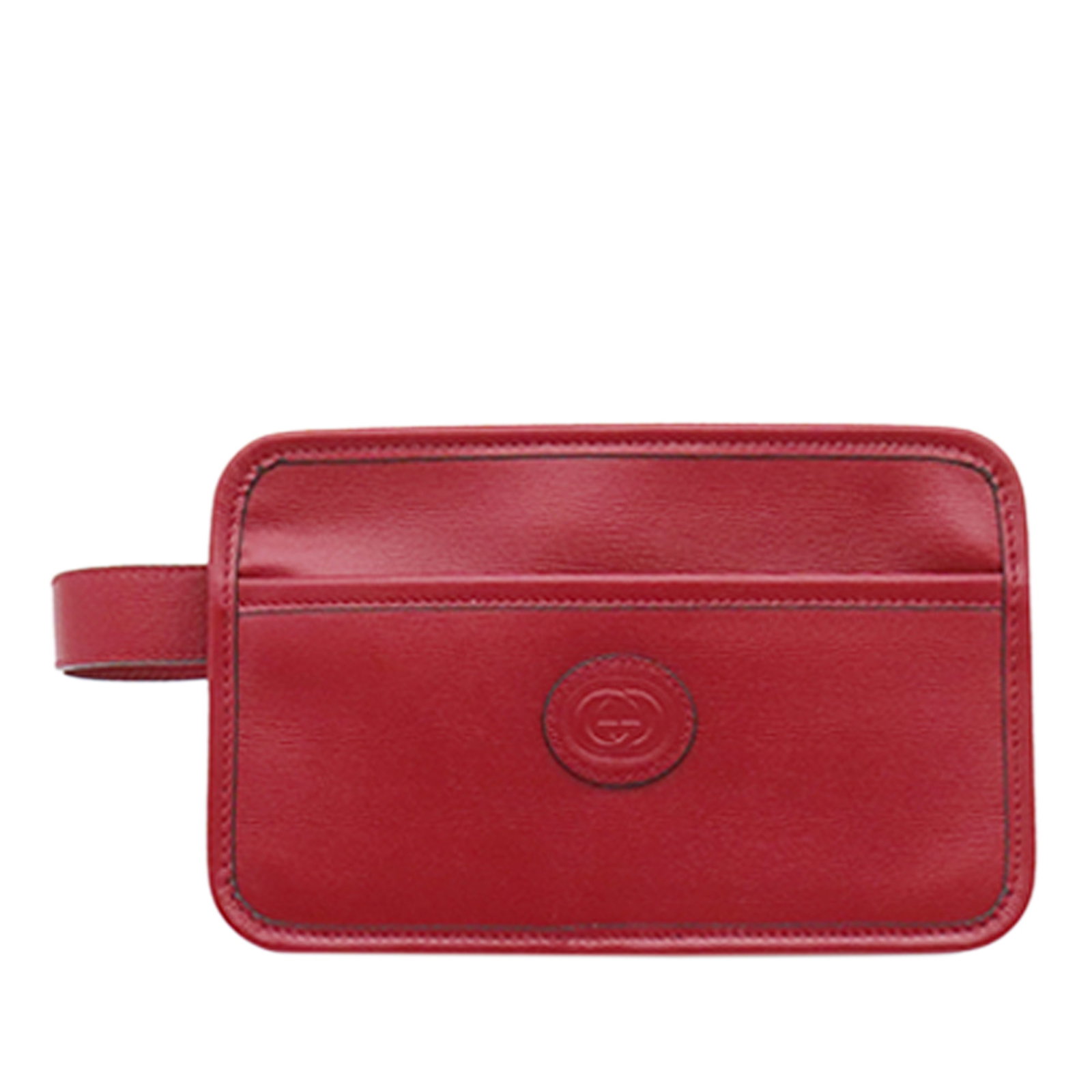 Gucci Interlocking G Red Leather Wristlet Clutch Bag: Gucci Interlocking G Red Leather Wristlet Clutch Bag Gucci Calfskin Interlocking G Clutch in red leather with a streamlined design. It features a flat leather wrist strap, top zip closure, an exterior