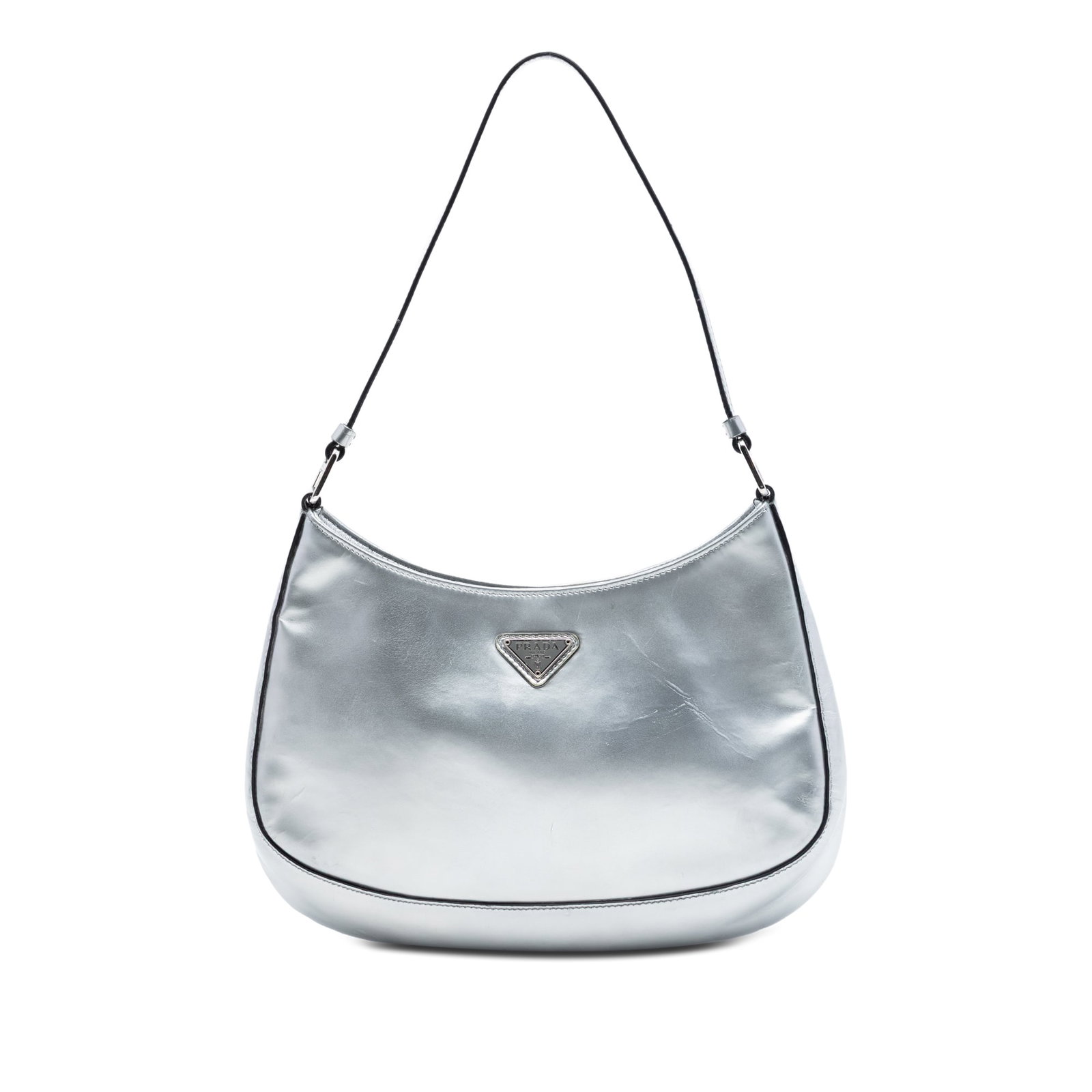 Prada Cleo Spazzolato Leather Shoulder Bag Silver: Prada Cleo Spazzolato Leather Shoulder Bag Silver Prada Spazzolato Cleo Shoulder Bag in silver leather, made in Italy. It features a flat leather shoulder strap, an open top with magnetic snap closure