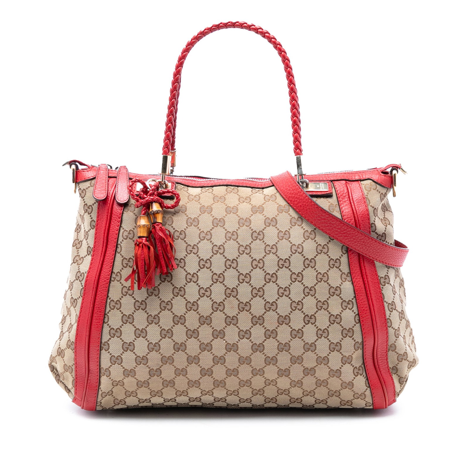Gucci Bella Convertible Tote GG Canvas Beige Leather Trim: Gucci Bella Convertible Tote GG Canvas Beige Leather Trim This Gucci Large GG Canvas Bella Satchel features a beige canvas body with leather trim and tassel detail. It is designed with leather braided
