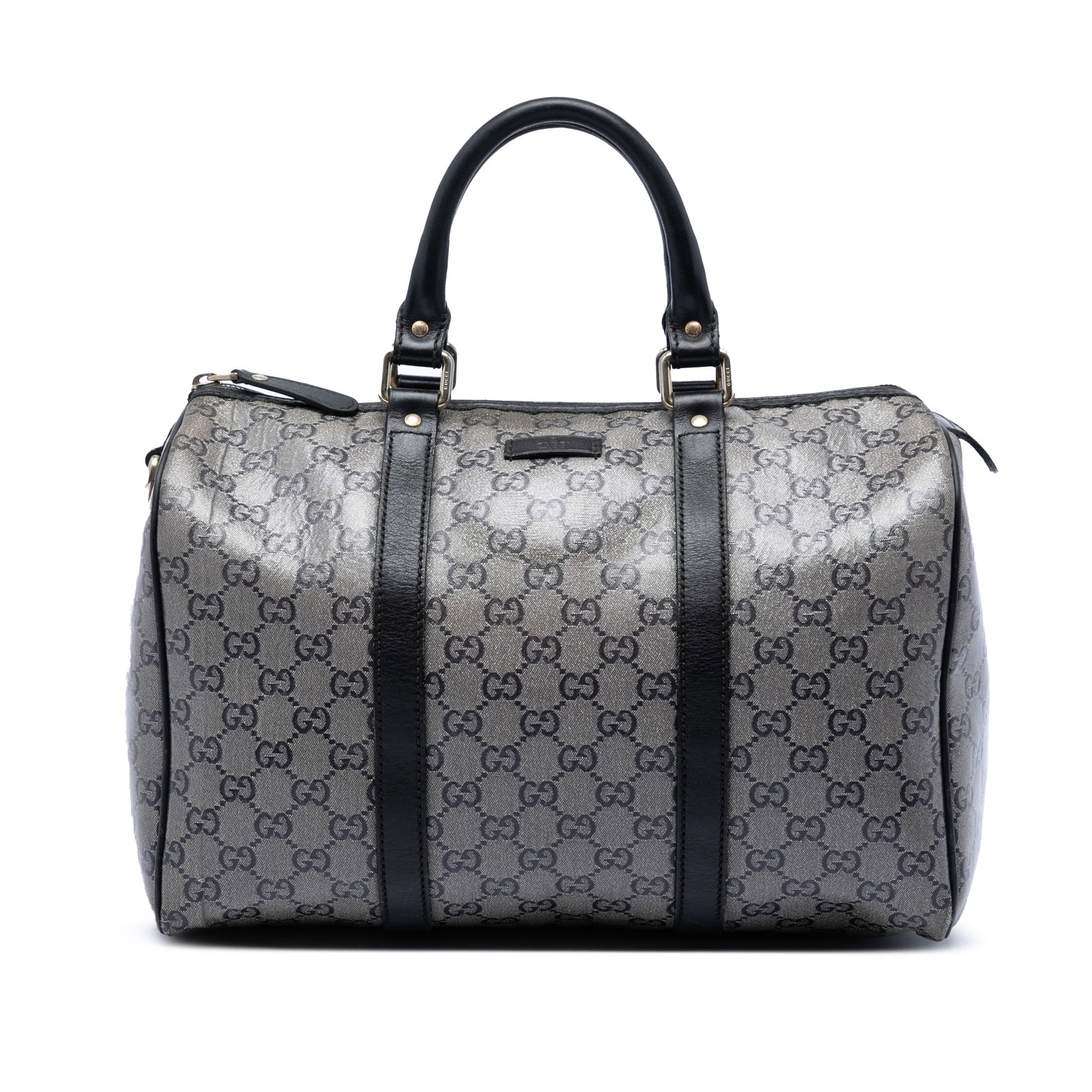 Gucci GG Crystal Joy Medium Boston Bag Gray Coated Canvas: Gucci GG Crystal Joy Medium Boston Bag Gray Coated Canvas This Gucci Medium GG Crystal Joy Boston Bag is a gray boston bag made in Italy. It features a coated canvas body with leather trim, rolled lea