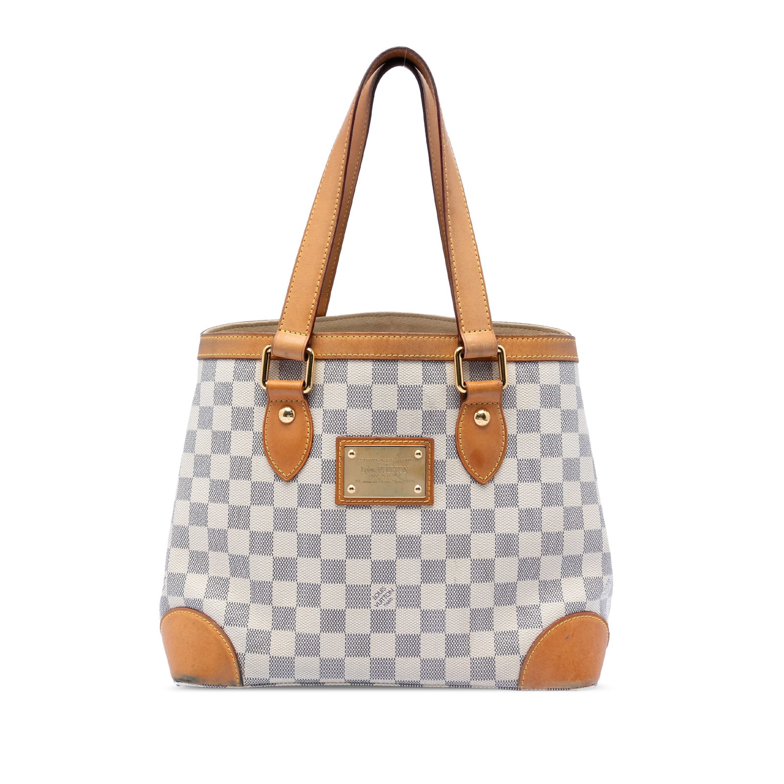 Louis Vuitton Hampstead PM Damier Azur Tote: Louis Vuitton Hampstead PM Damier Azur Tote The Louis Vuitton Damier Azur Hampstead PM is crafted from signature Damier Azur canvas with vachetta leather trim and gold-tone hardware. It features flat 