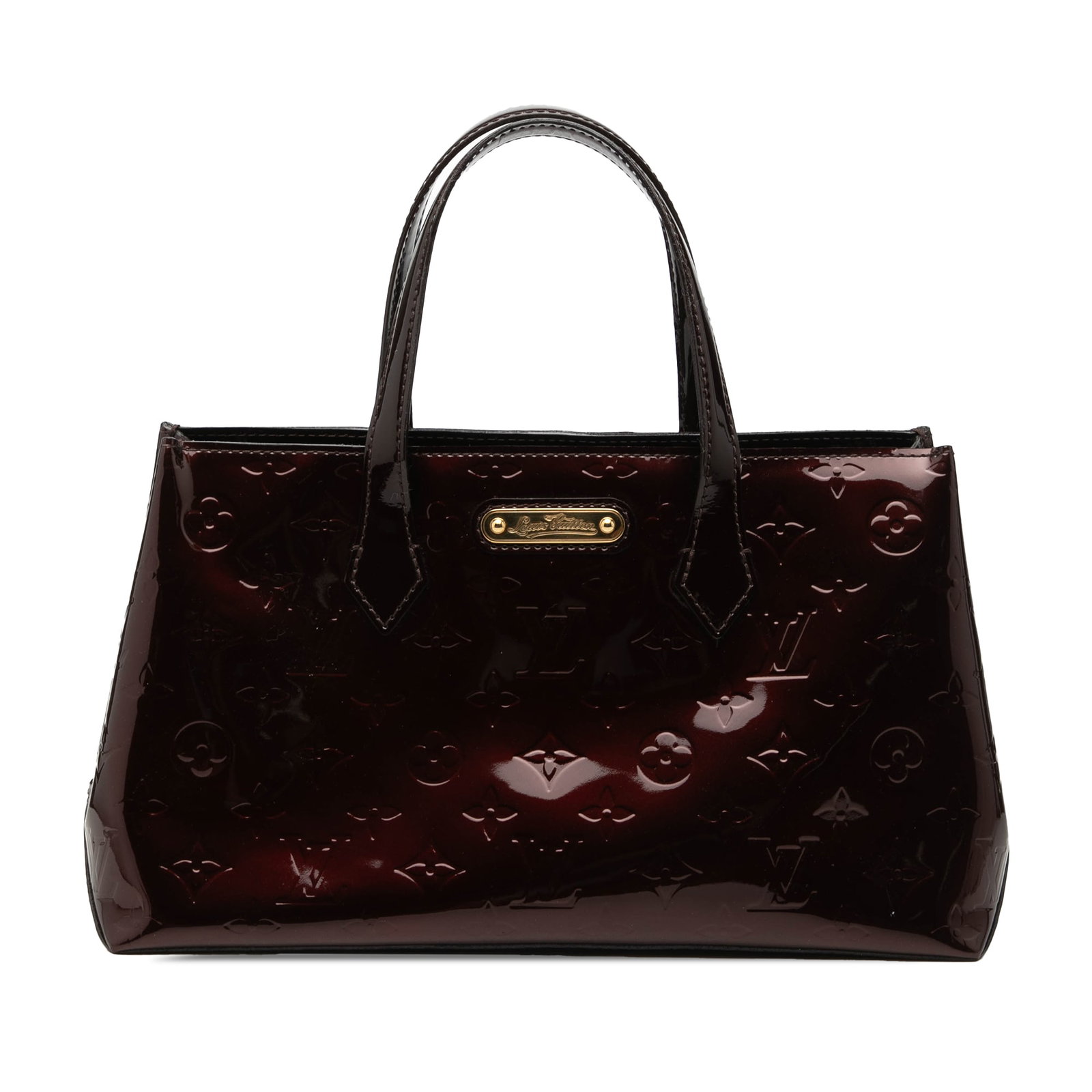 Louis Vuitton Wilshire PM Monogram Vernis Leather Handbag: Louis Vuitton Wilshire PM Monogram Vernis Leather Handbag Louis Vuitton Monogram Vernis Wilshire PM handbag in purple leather with flat leather handles, an open top with lobster clasp closure, and an 