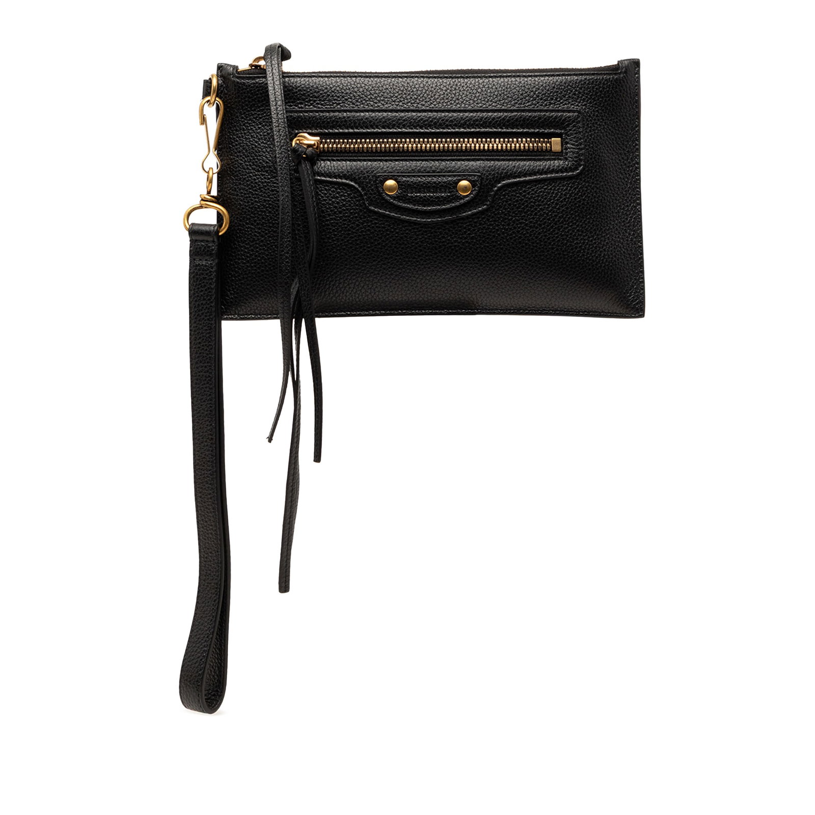 Balenciaga black leather Neo Classic XS pouch clutch: Balenciaga black leather Neo Classic XS pouch clutch This Balenciaga Grained Calfskin Neo Classic Pouch XS is crafted from black calf leather and features a detachable flat leather wrist strap, a top 